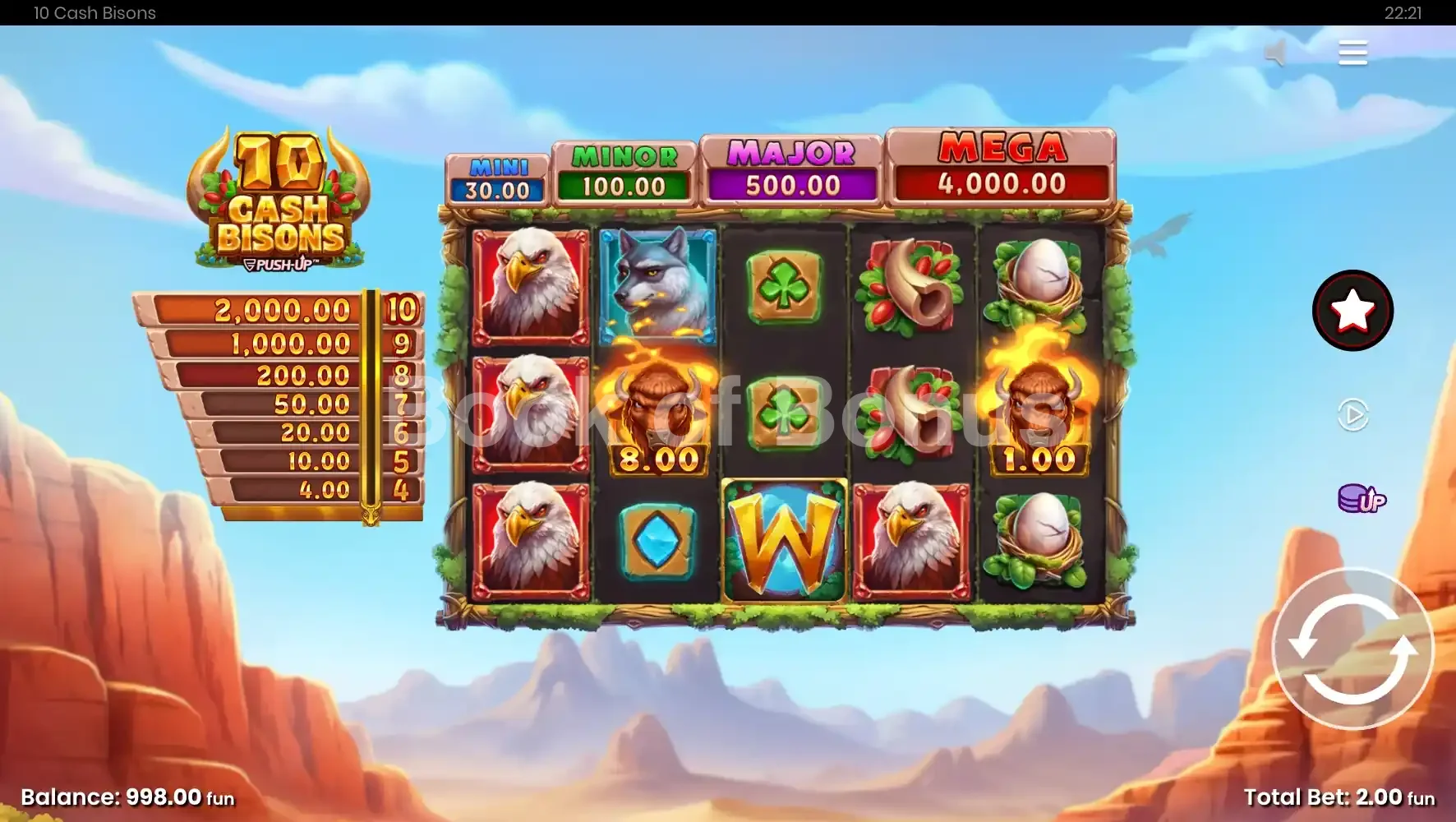 10 Cash Bisons par Push Gaming - jeu de base et disposition des rouleaux