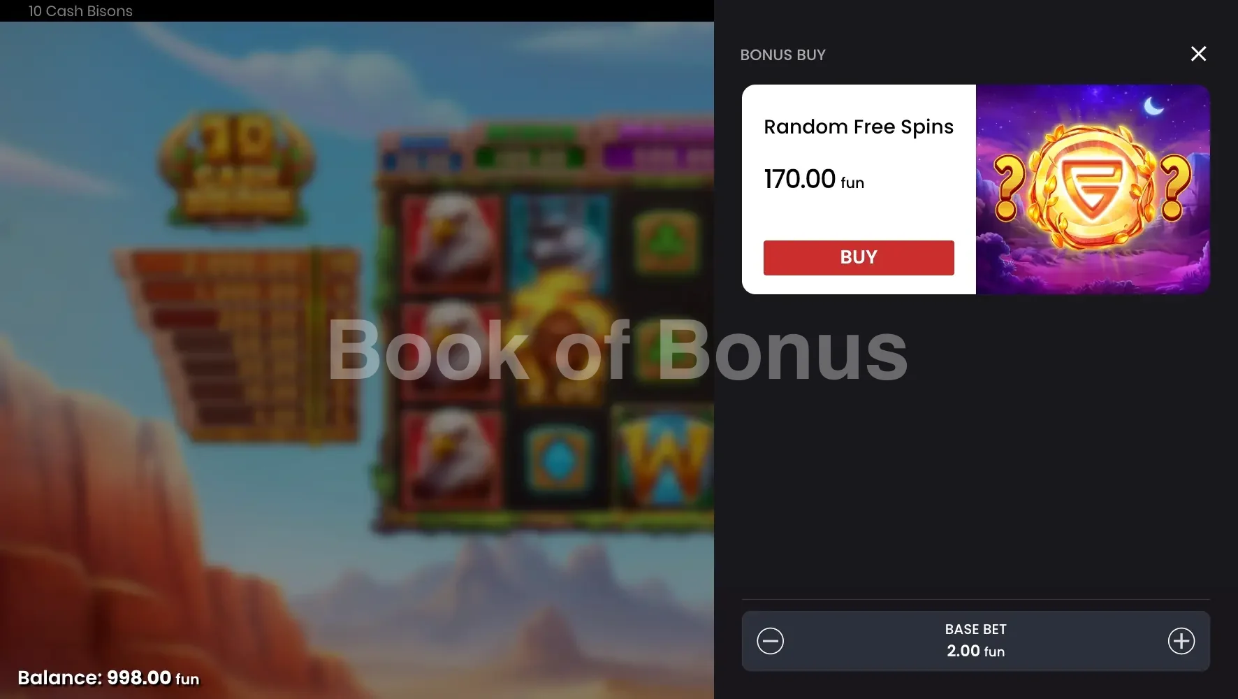 10 Cash Bisons par Push Gaming - menu d'achat de bonus et options