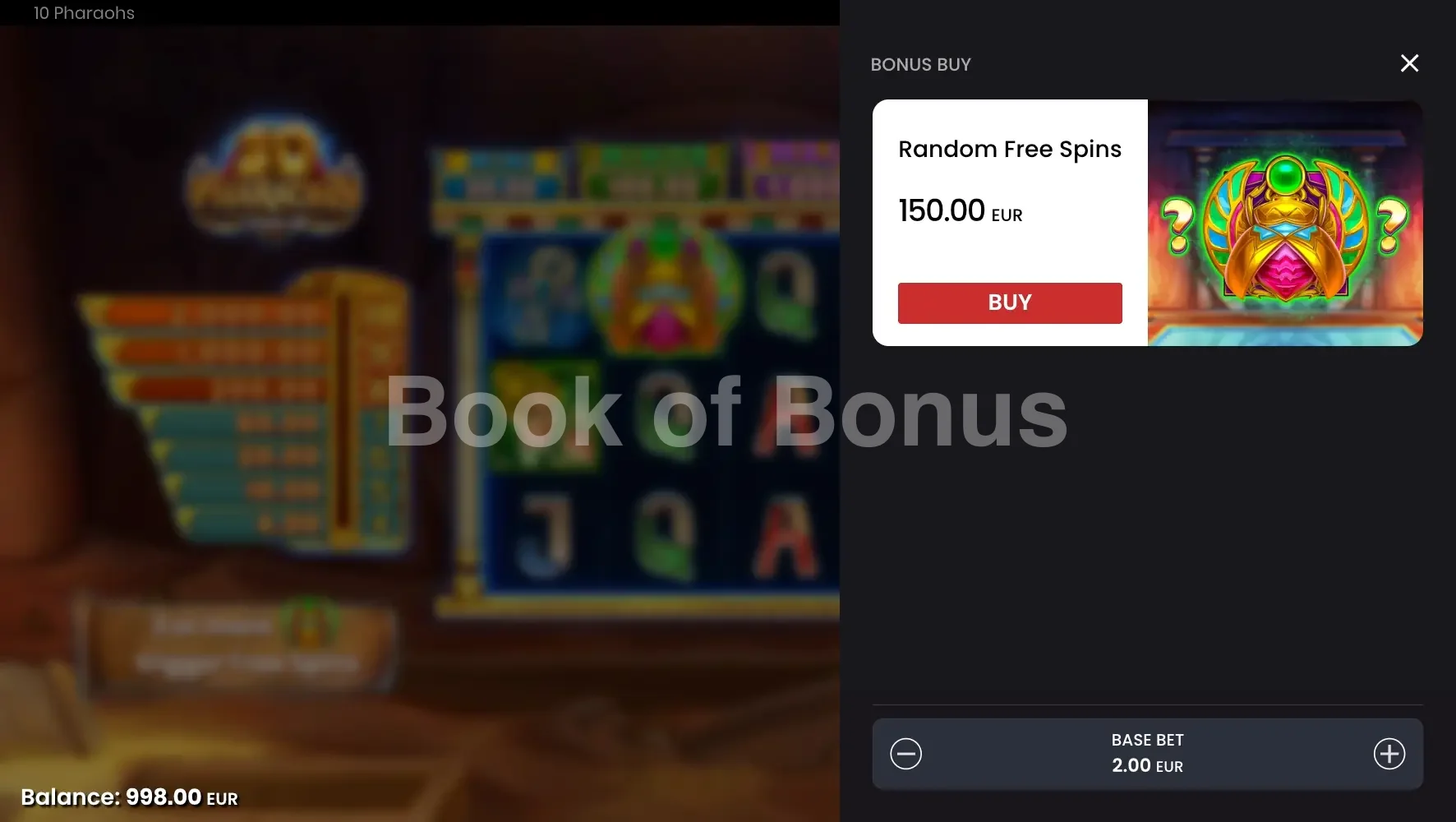 10 Pharaohs par Push Gaming - menu d'achat de bonus et options