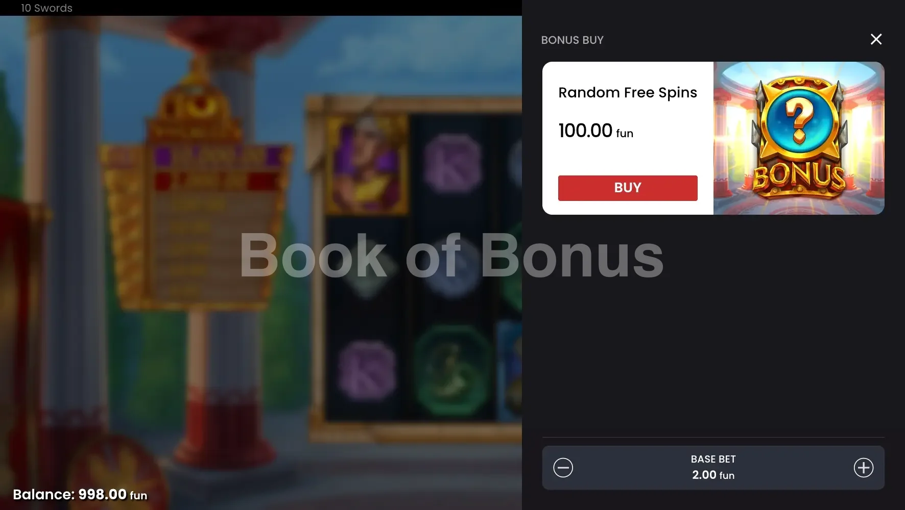10 Swords par Push Gaming - menu d'achat de bonus et options