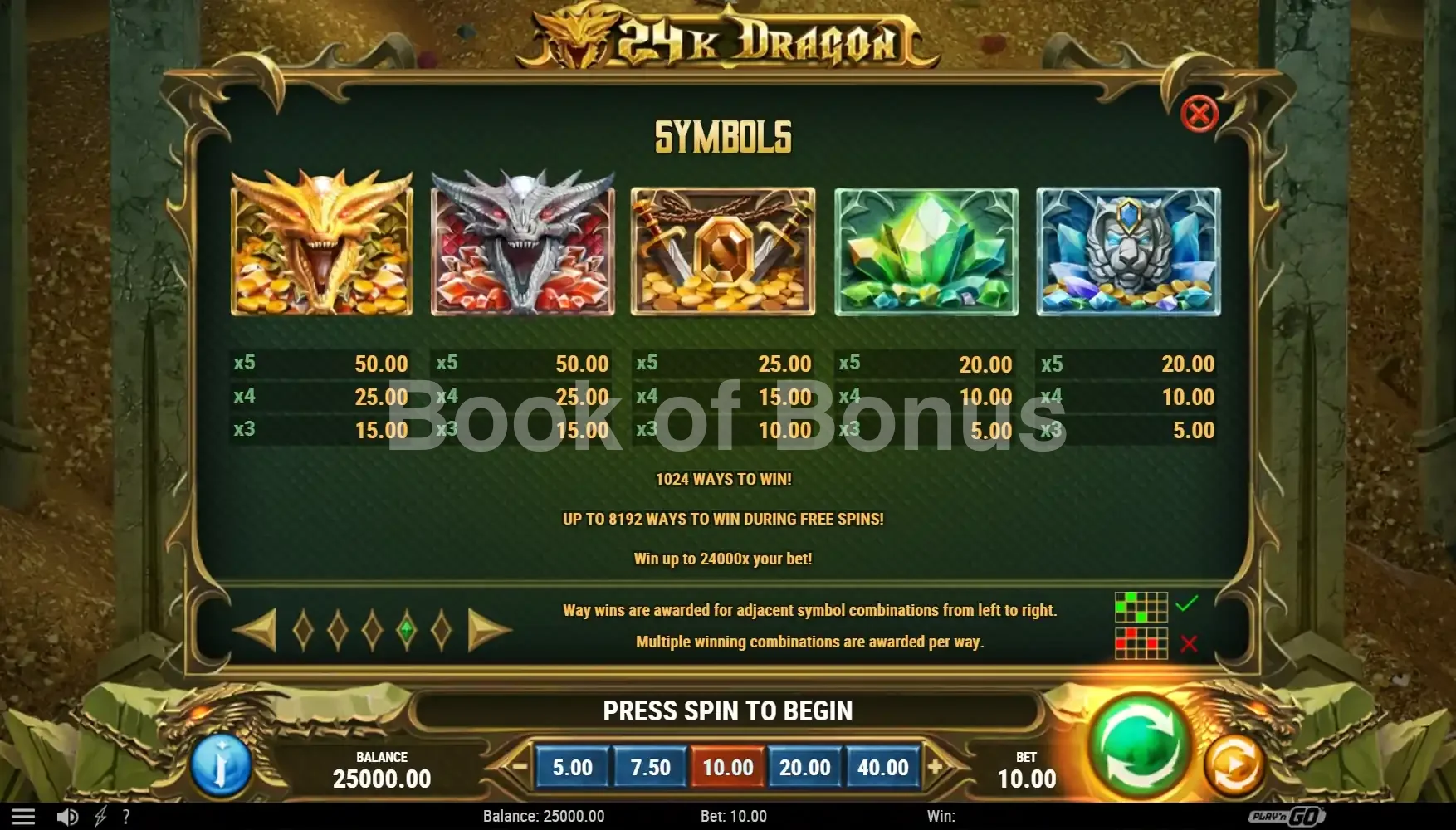 Tableau des gains 24K Dragon