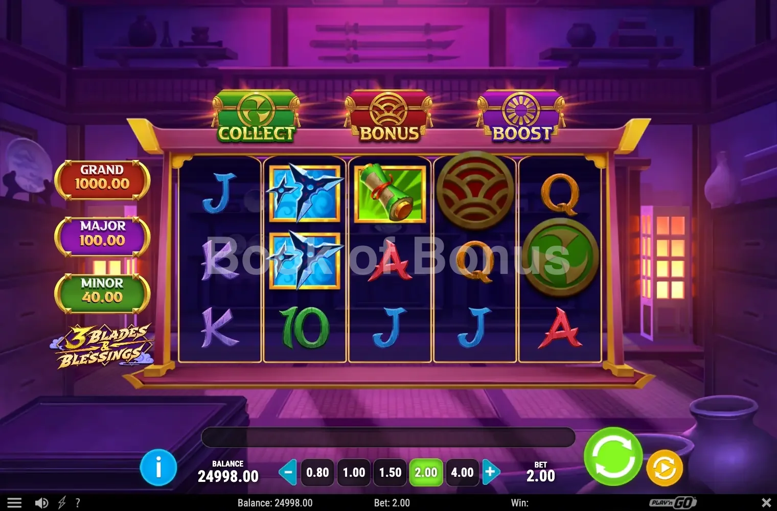 3 Blades & Blessings par Play'n GO - jeu de base et disposition des rouleaux