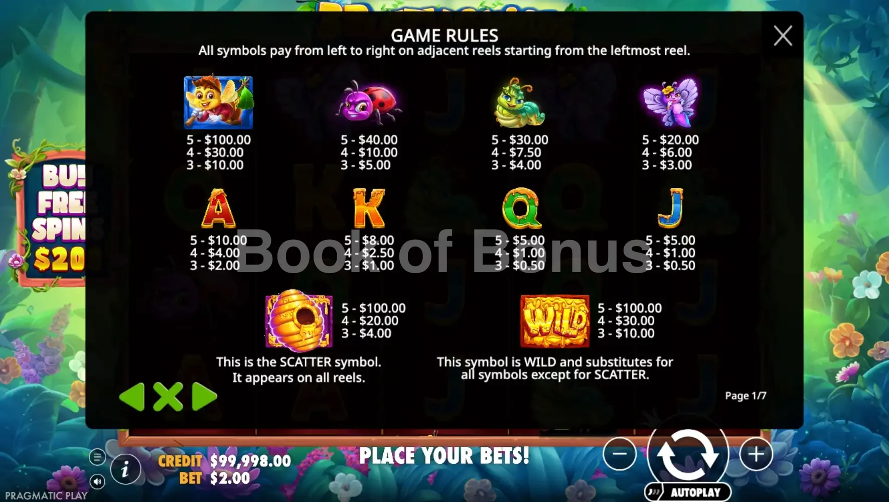 3 Buzzing Wilds par Pragmatic Play - table des gains et valeurs des symboles