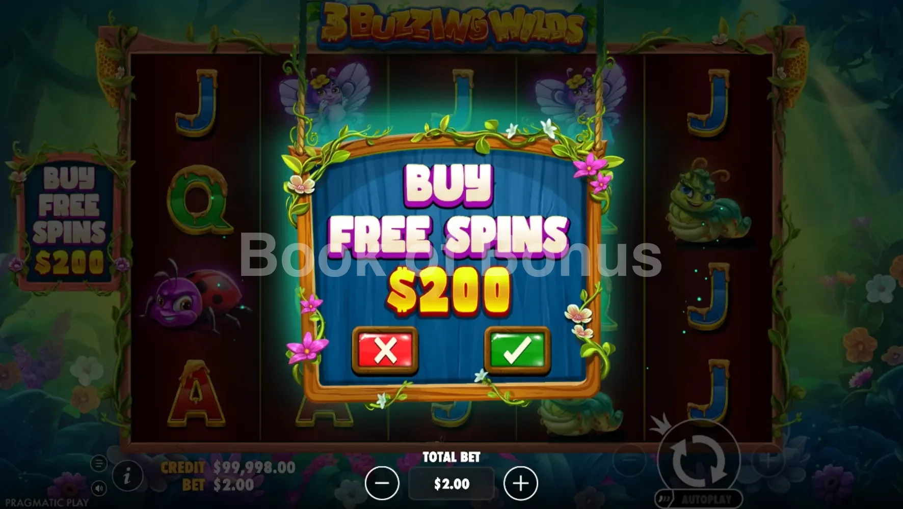 3 Buzzing Wilds par Pragmatic Play - menu d'achat de bonus et options