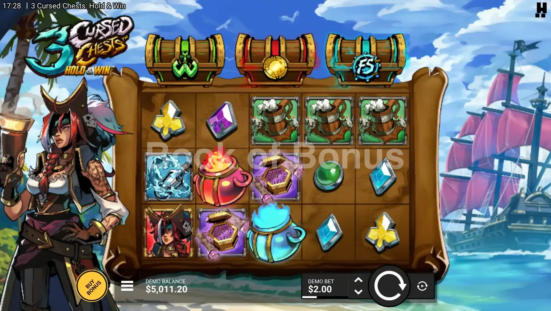 3 Cursed Chests par Hacksaw Gaming - jeu de base et disposition des rouleaux