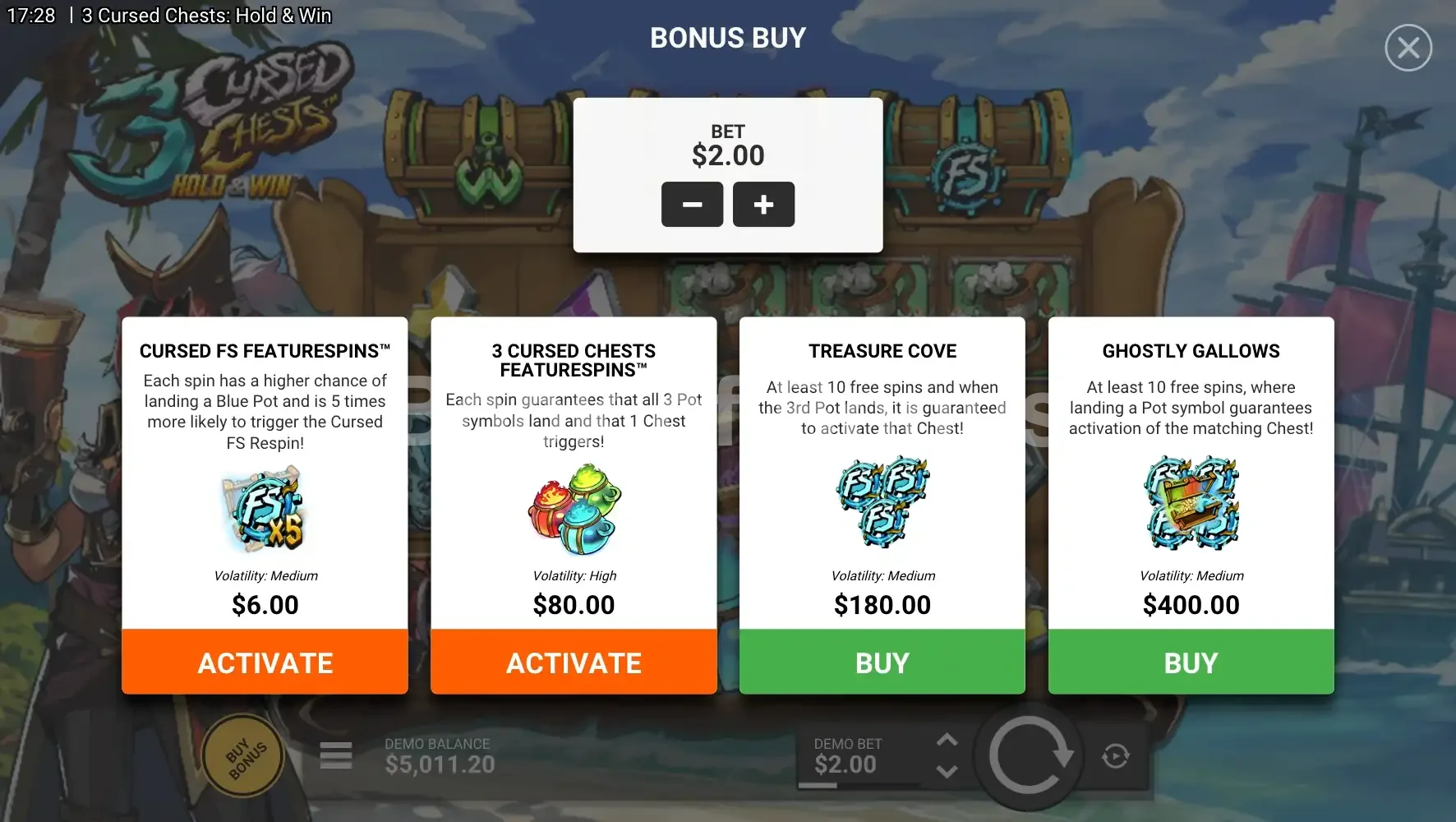 3 Cursed Chests par Hacksaw Gaming - menu d'achat de bonus et options