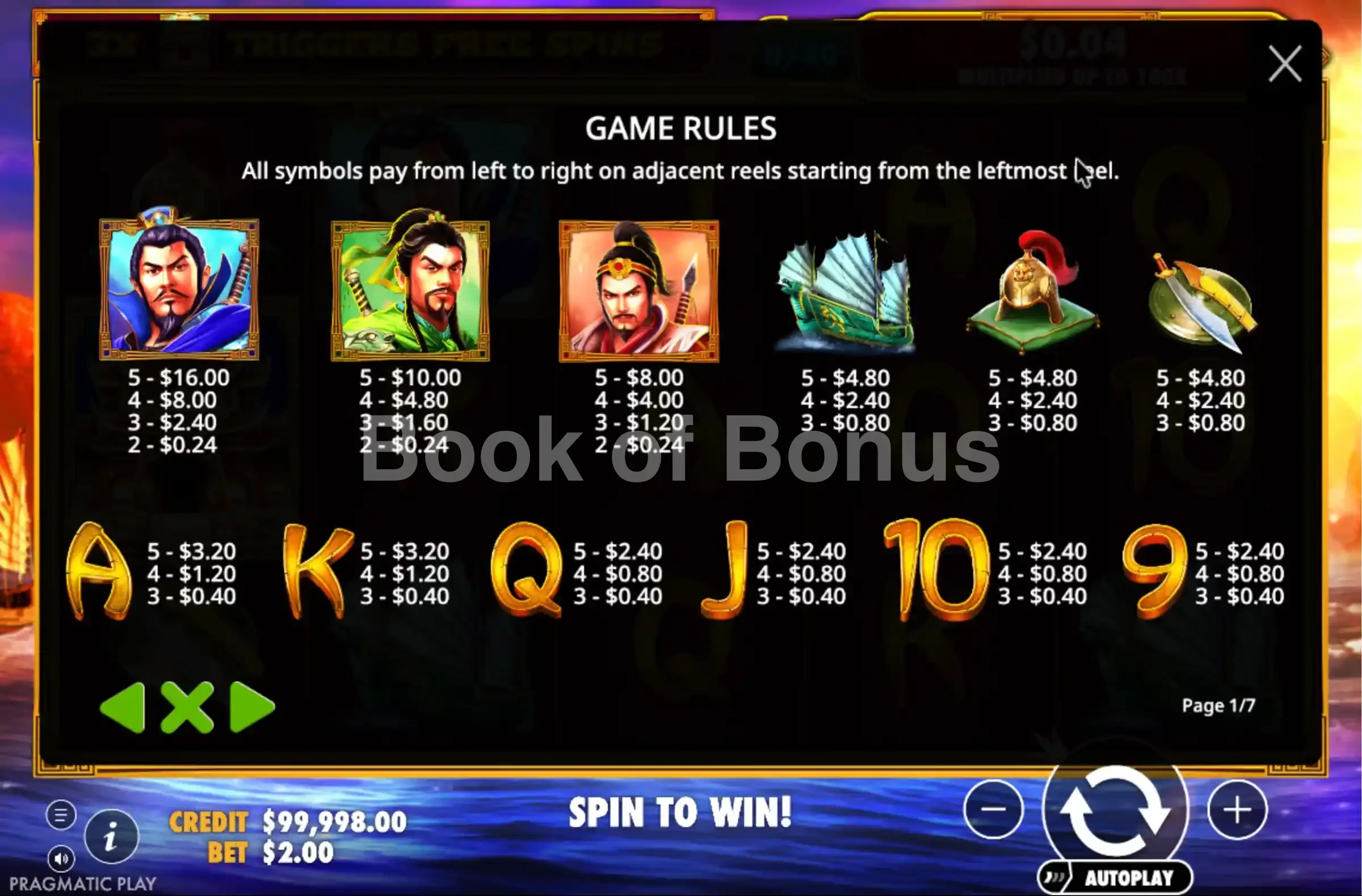 3 Kingdoms Battle of Red Cliffs par Pragmatic Play - table des gains et valeurs des symboles