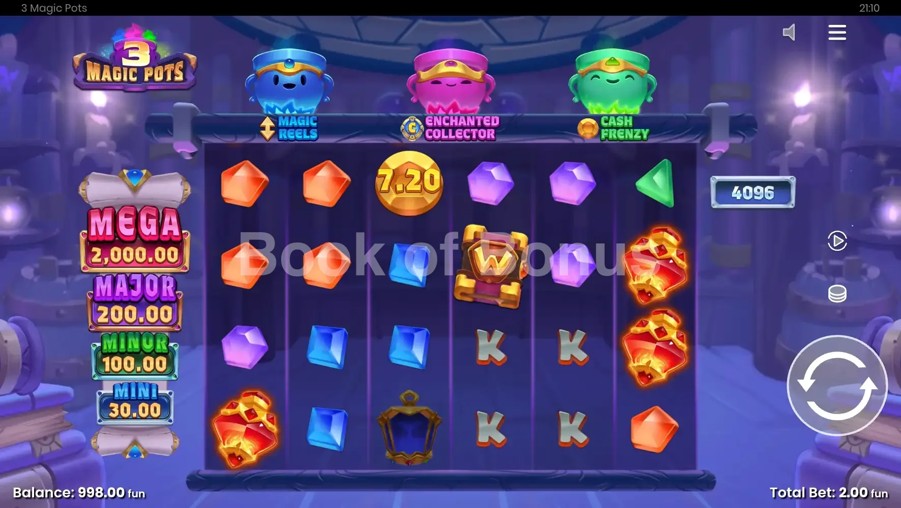 3 Magic Pots par Push Gaming - jeu de base et disposition des rouleaux