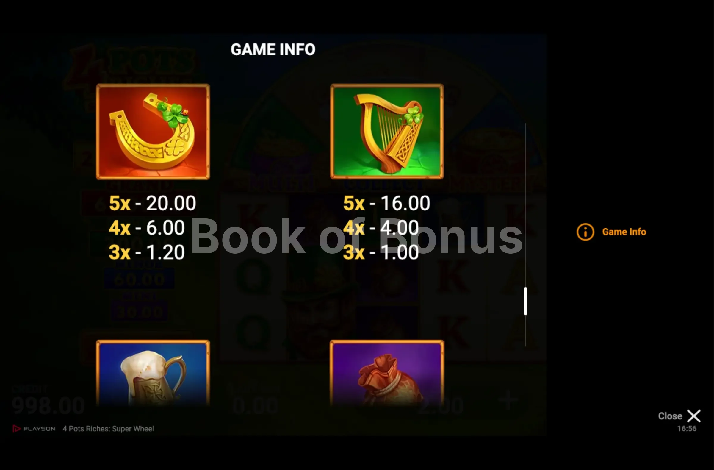 4 Pots Riches Super Wheel par Playson - table des gains et valeurs des symboles