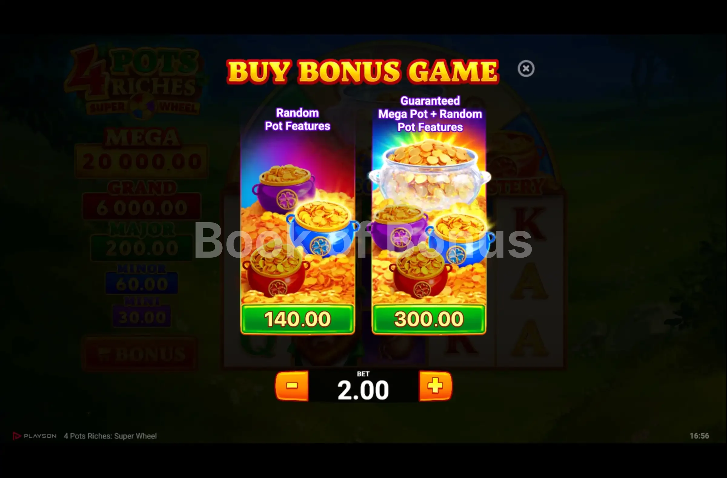 4 Pots Riches Super Wheel par Playson - menu d'achat de bonus et options