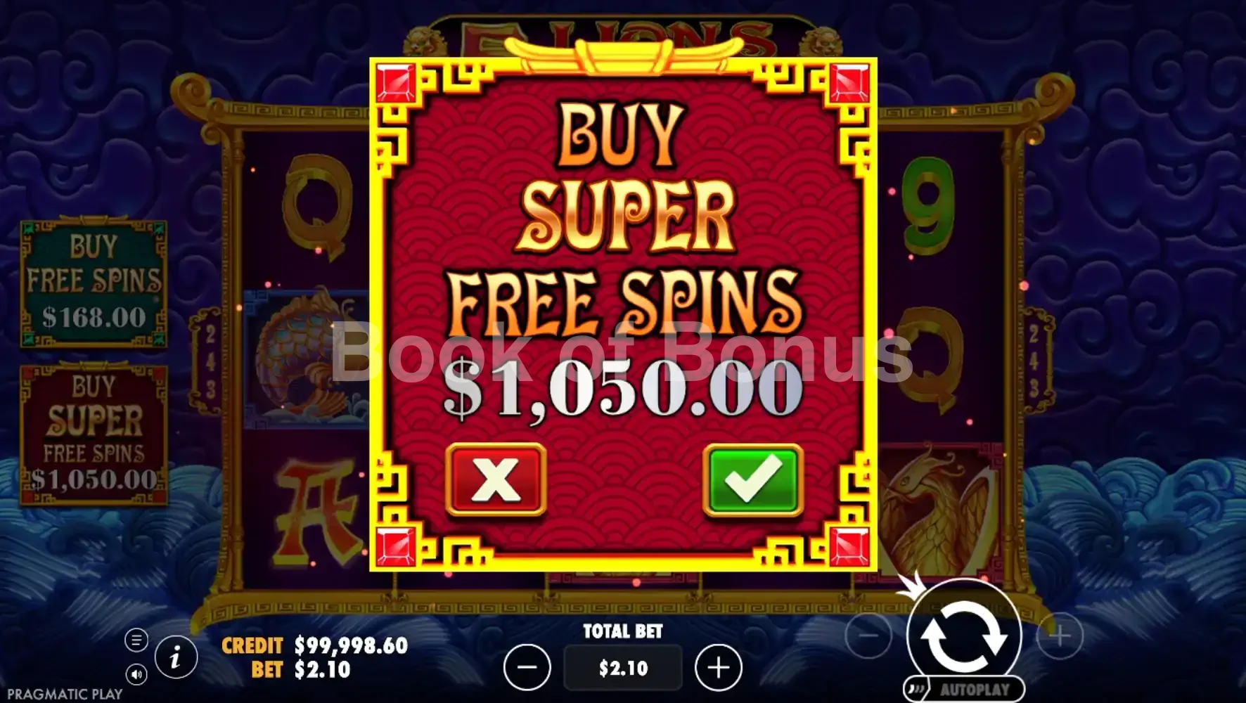 5 Lions Reborn par Pragmatic Play - menu d'achat de bonus et options