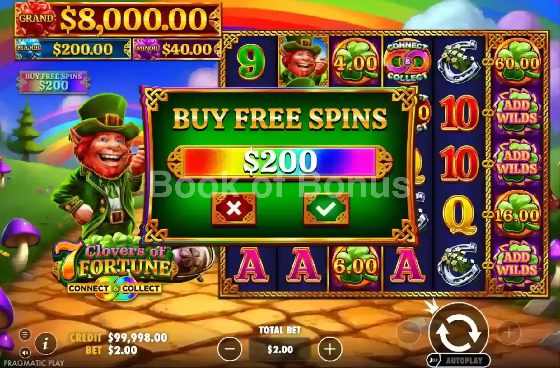 7 Clovers of Fortune par Pragmatic Play - menu d'achat de bonus et options