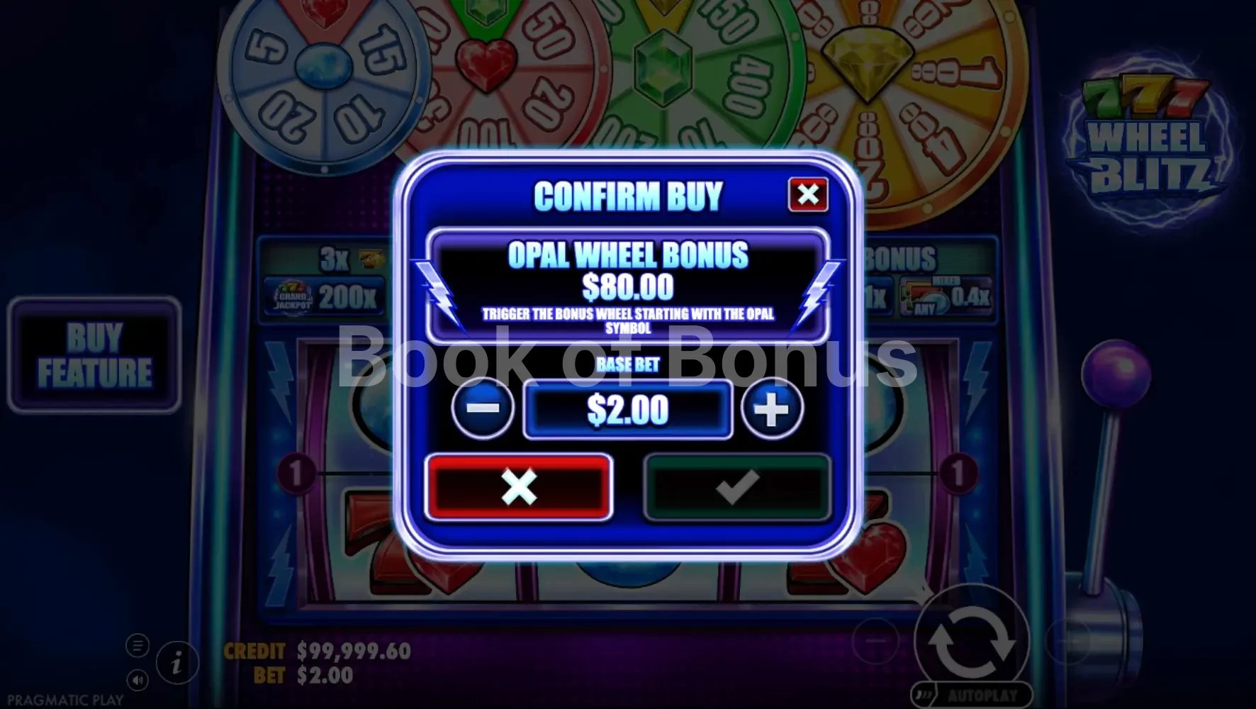 777 Wheel Blitz par Pragmatic Play - menu d'achat de bonus et options
