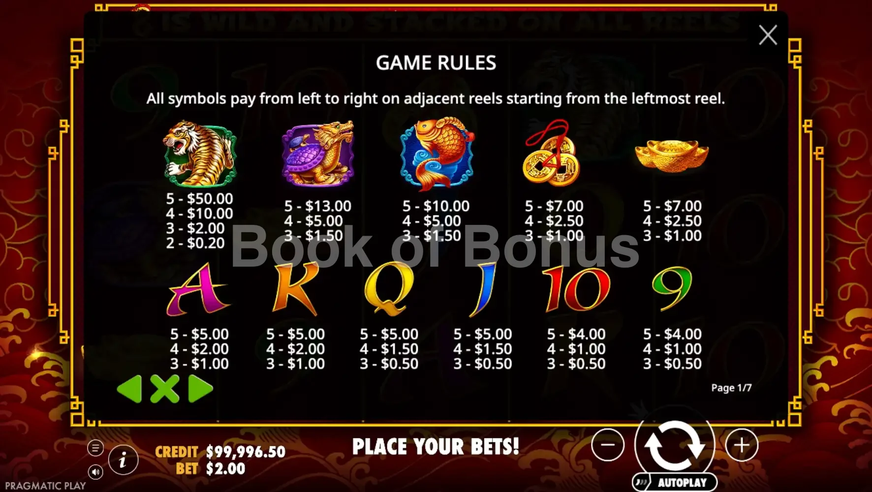 8 Dragons par Pragmatic Play - table des gains et valeurs des symboles