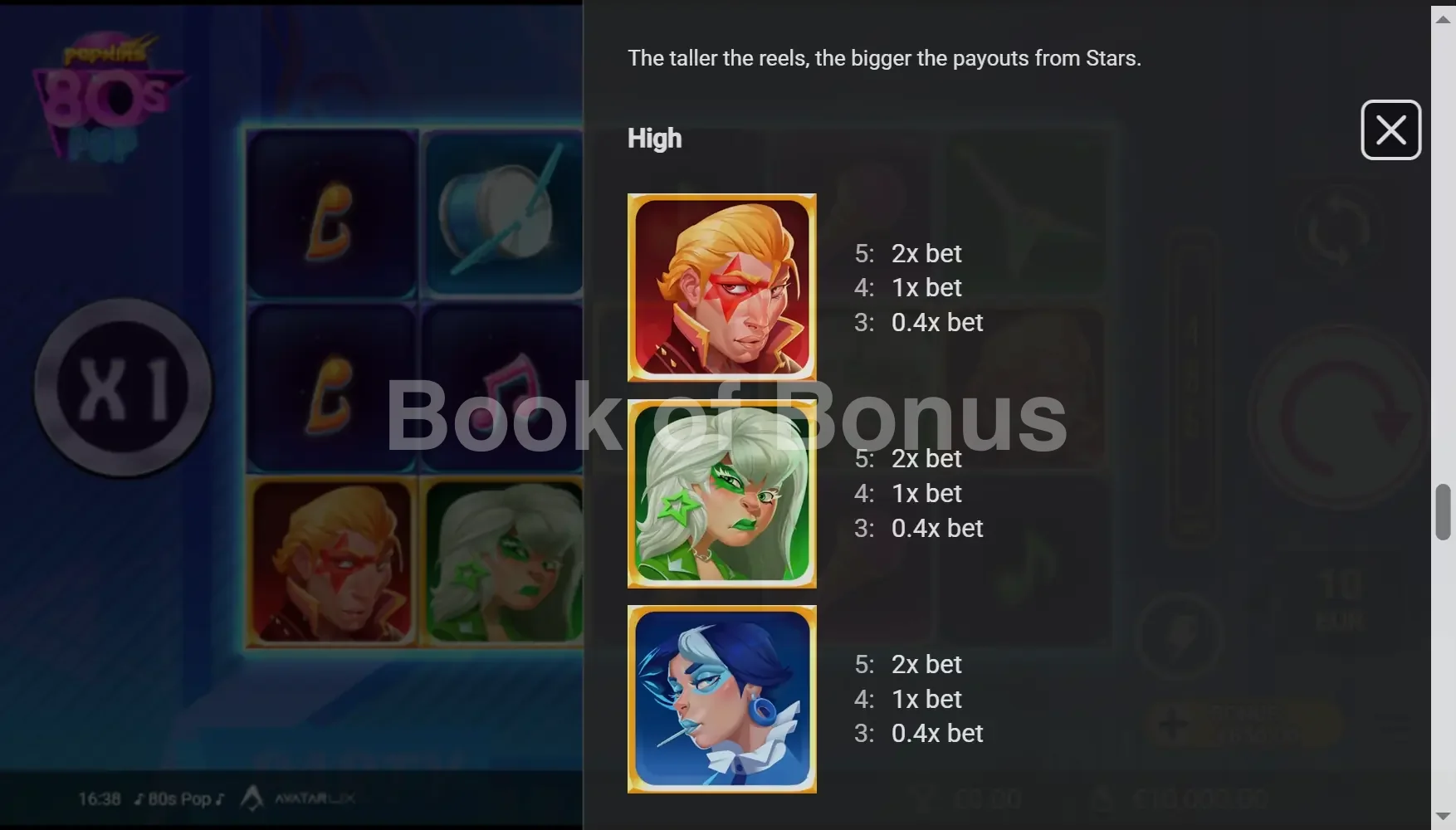 80sPop par Avatar UX - table des gains et valeurs des symboles