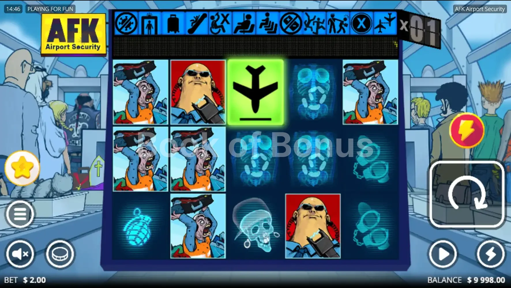 AFK Airport Security par Nolimit City - jeu de base et disposition des rouleaux
