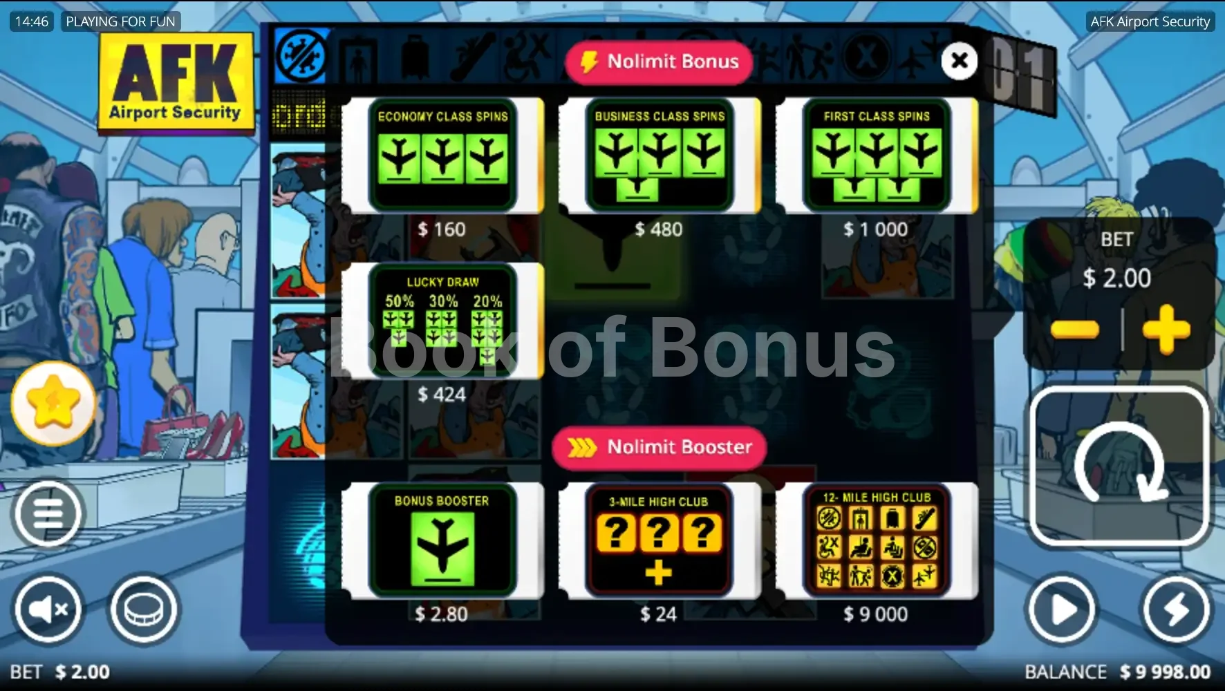 AFK Airport Security par Nolimit City - menu d'achat de bonus et options