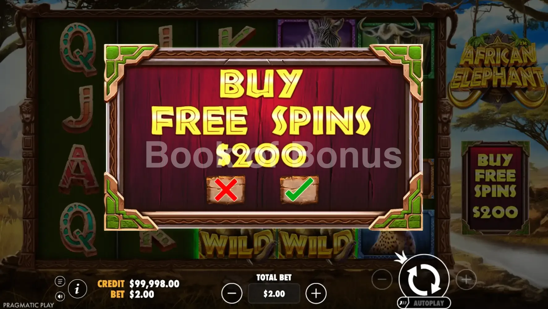 African Elephant par Pragmatic Play - menu d'achat de bonus et options