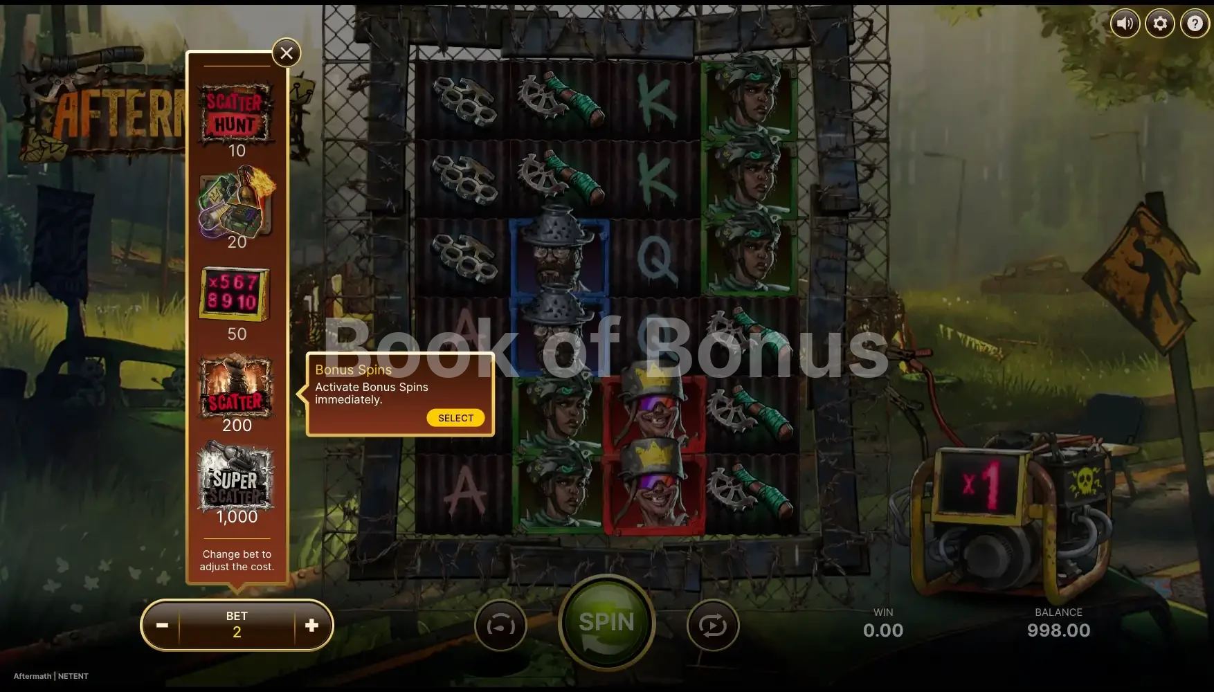 Aftermath par NetEnt - menu d'achat de bonus et options