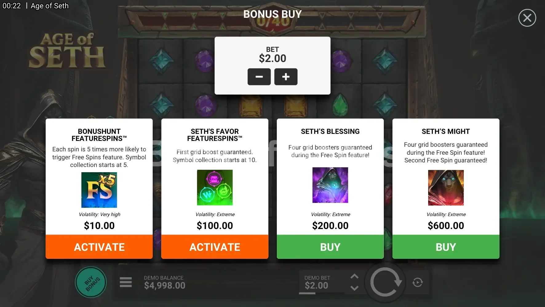 Age Of Seth par Hacksaw Gaming - menu d'achat de bonus et options