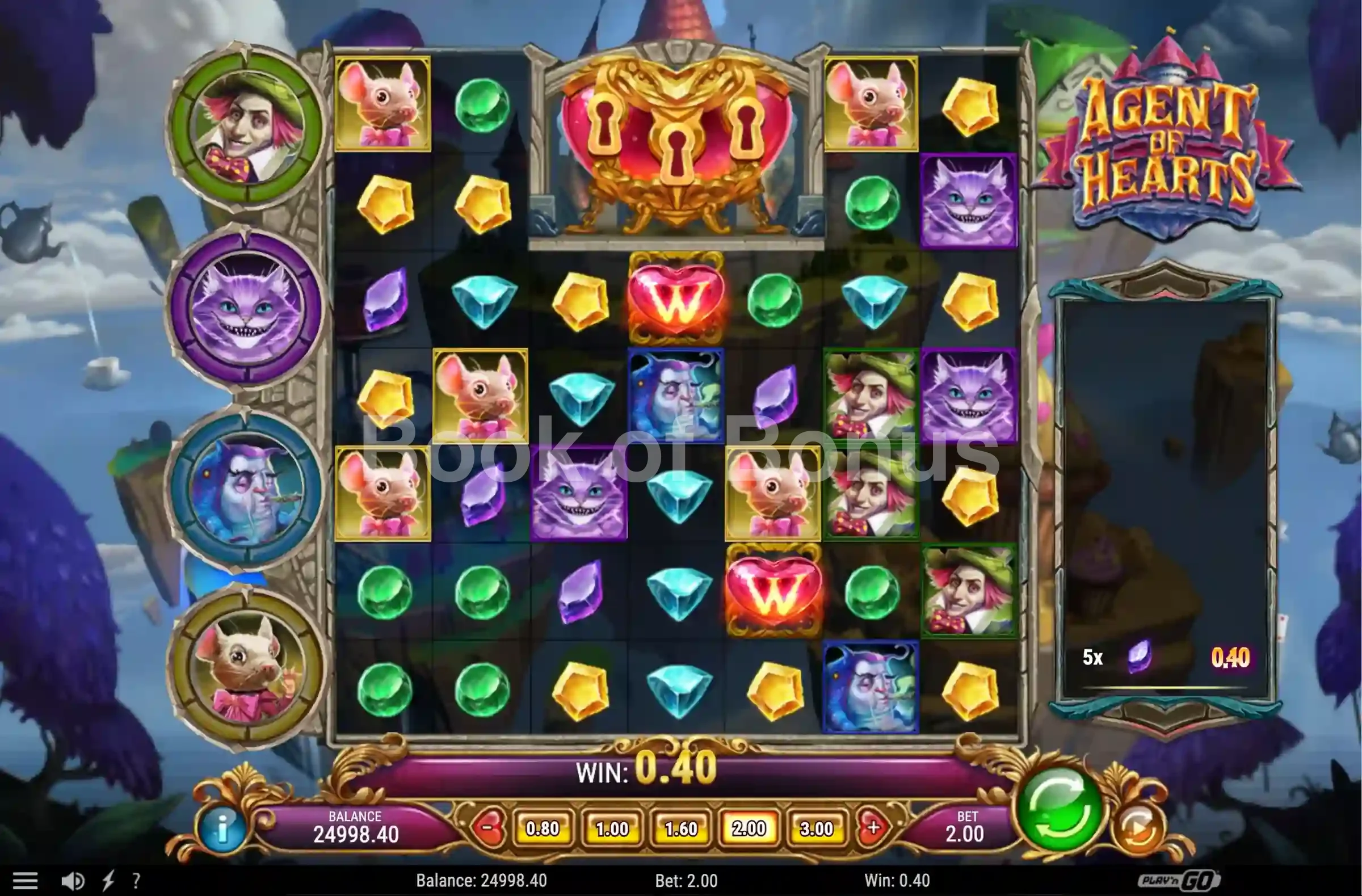 Agent of Hearts par Play'n GO - jeu de base et disposition des rouleaux