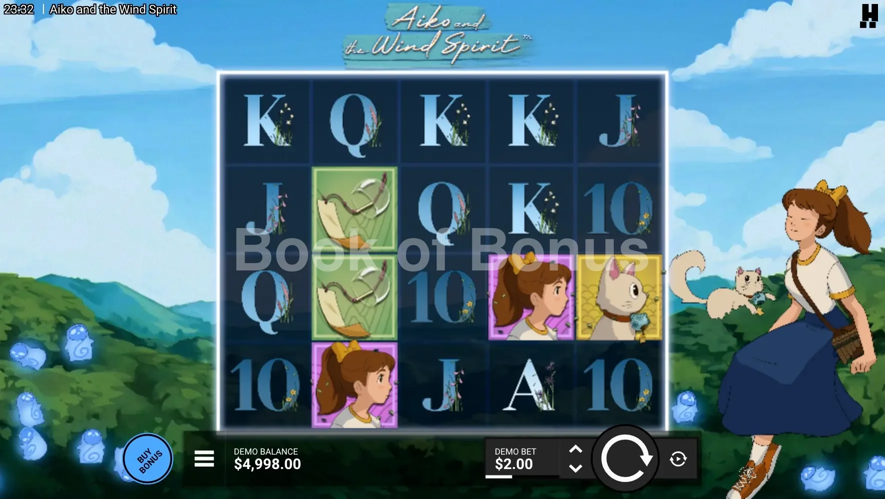Aiko and the Wind Spirit par Hacksaw Gaming - jeu de base et disposition des rouleaux