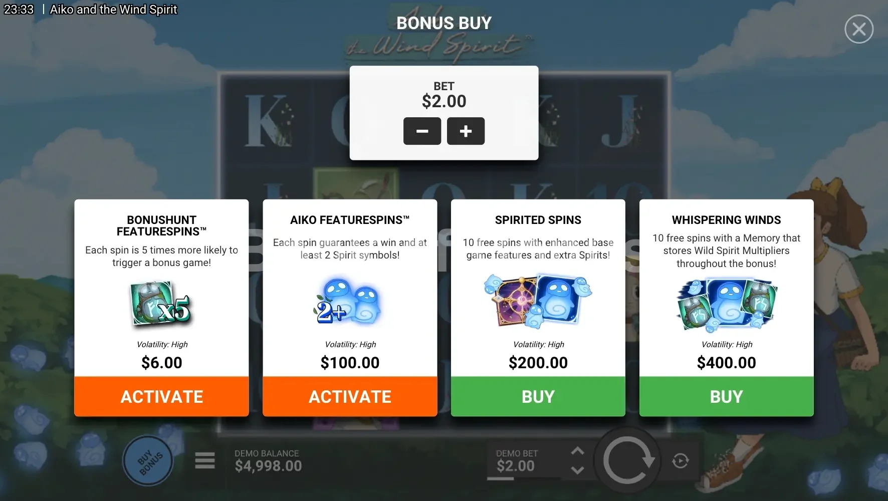 Aiko and the Wind Spirit par Hacksaw Gaming - menu d'achat de bonus et options