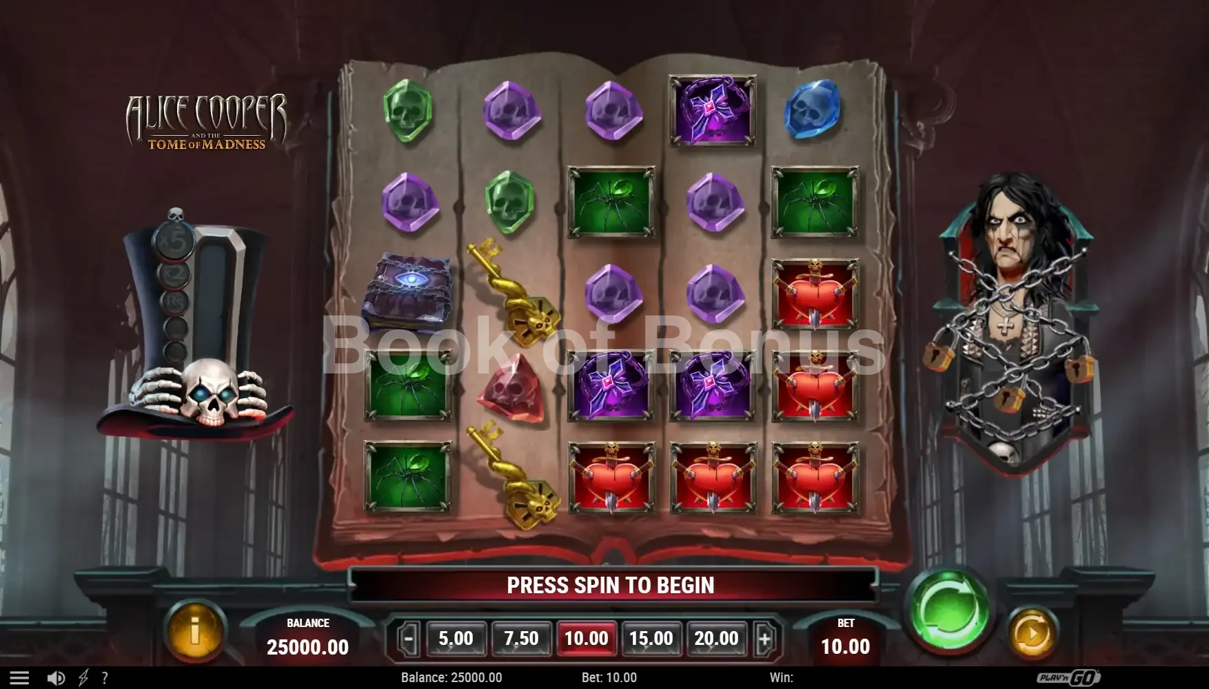 Alice Cooper and the Tome of Madness par Play'n GO - jeu de base et disposition des rouleaux