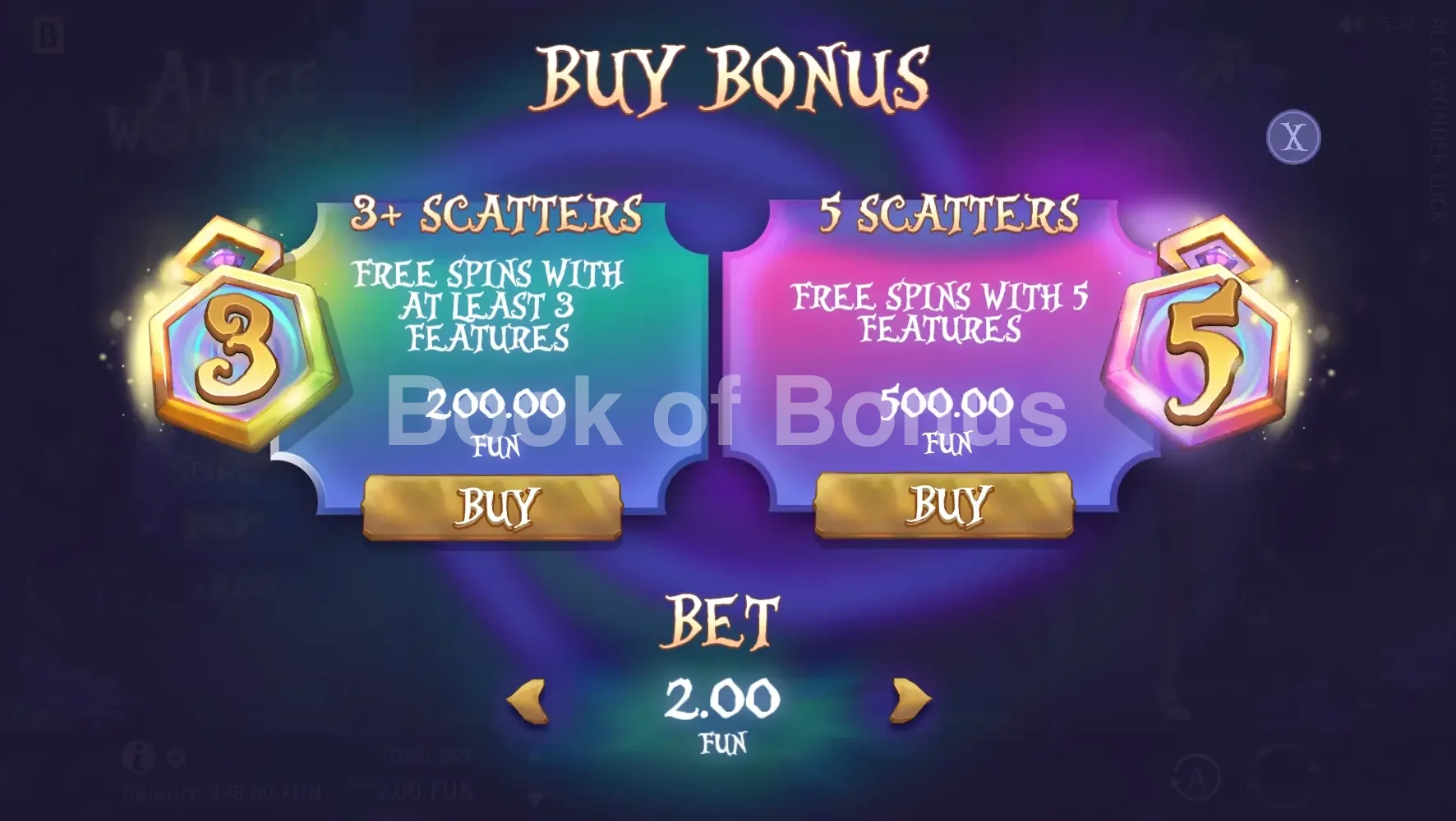 Alice WonderLuck par BGaming - menu d'achat de bonus et options