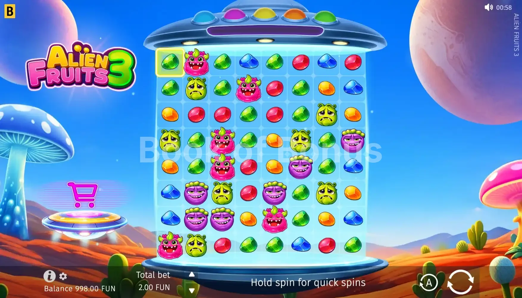 Alien Fruits 3 par BGaming - jeu de base et disposition des rouleaux