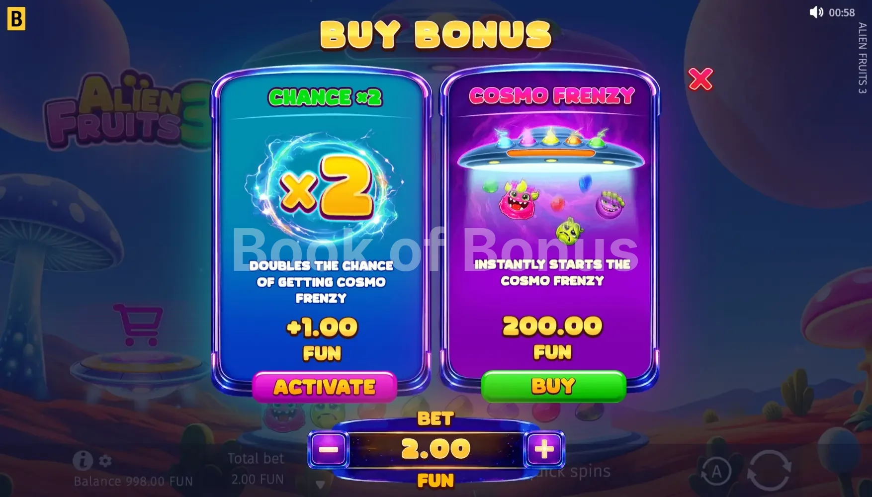 Alien Fruits 3 par BGaming - menu d'achat de bonus et options