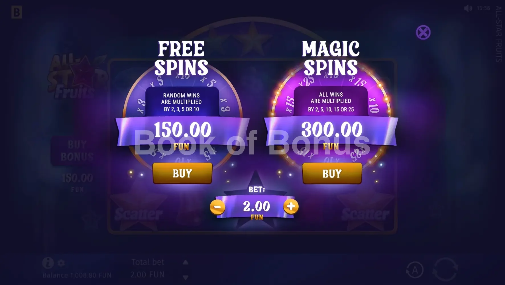 All Star Fruits par BGaming - menu d'achat de bonus et options