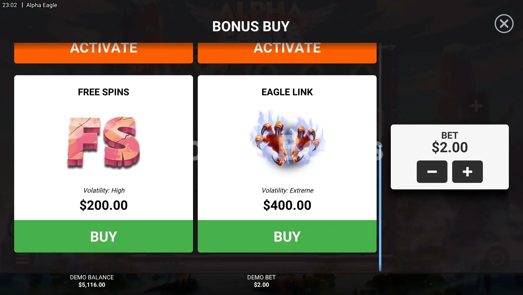 Menu achat bonus Alpha Eagle