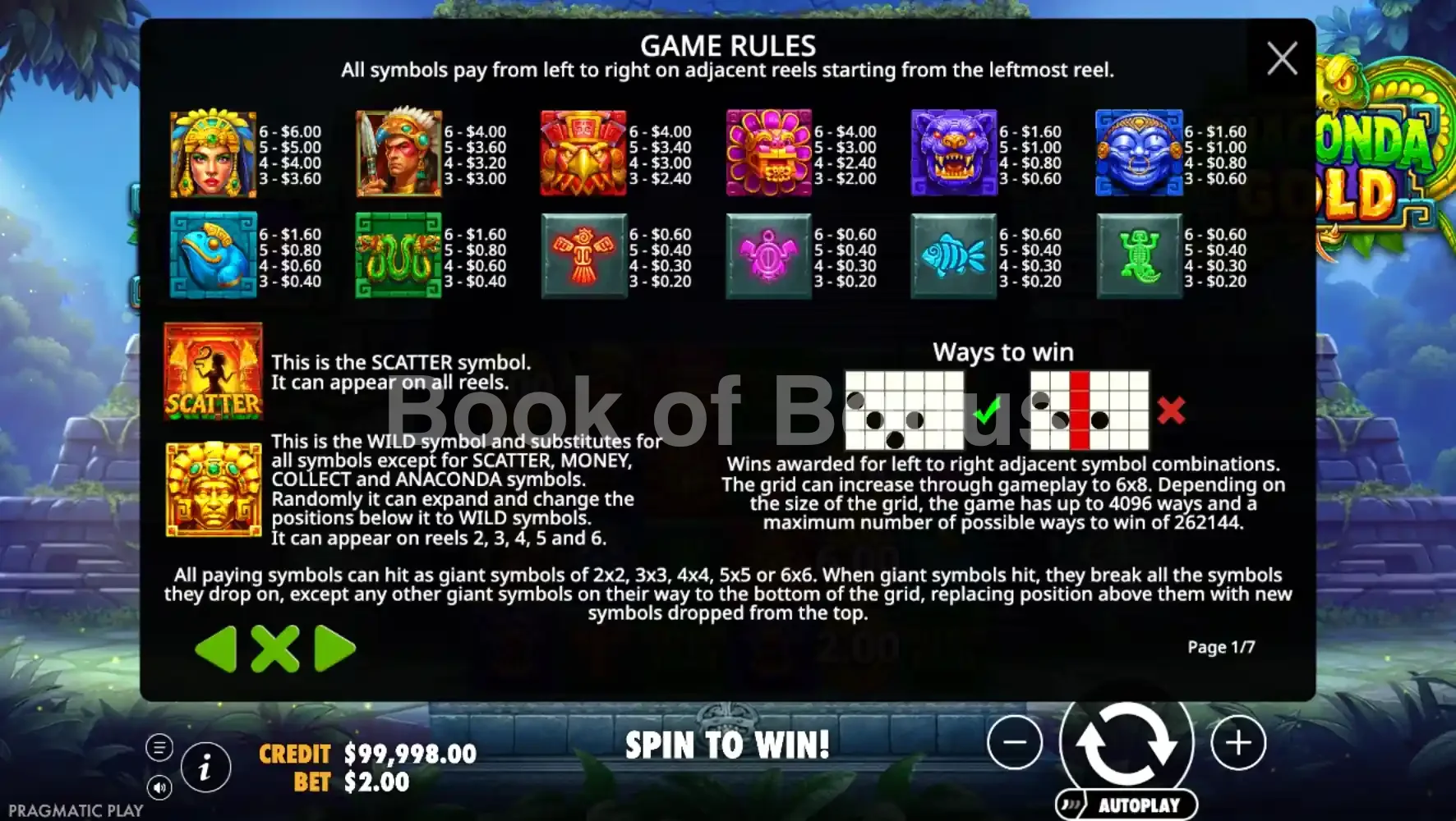 Anaconda Gold par Pragmatic Play - table des gains et valeurs des symboles