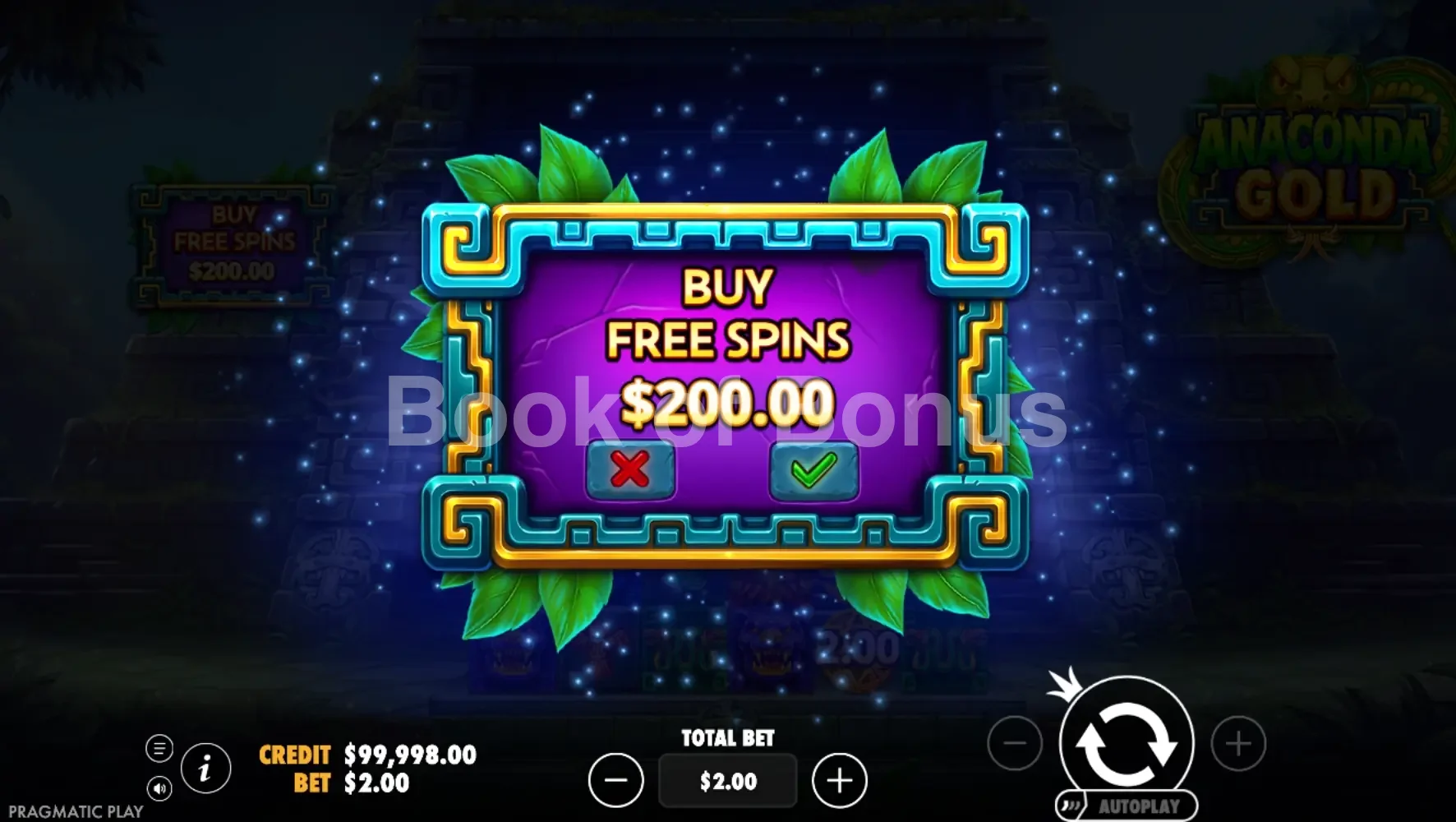 Anaconda Gold par Pragmatic Play - menu d'achat de bonus et options