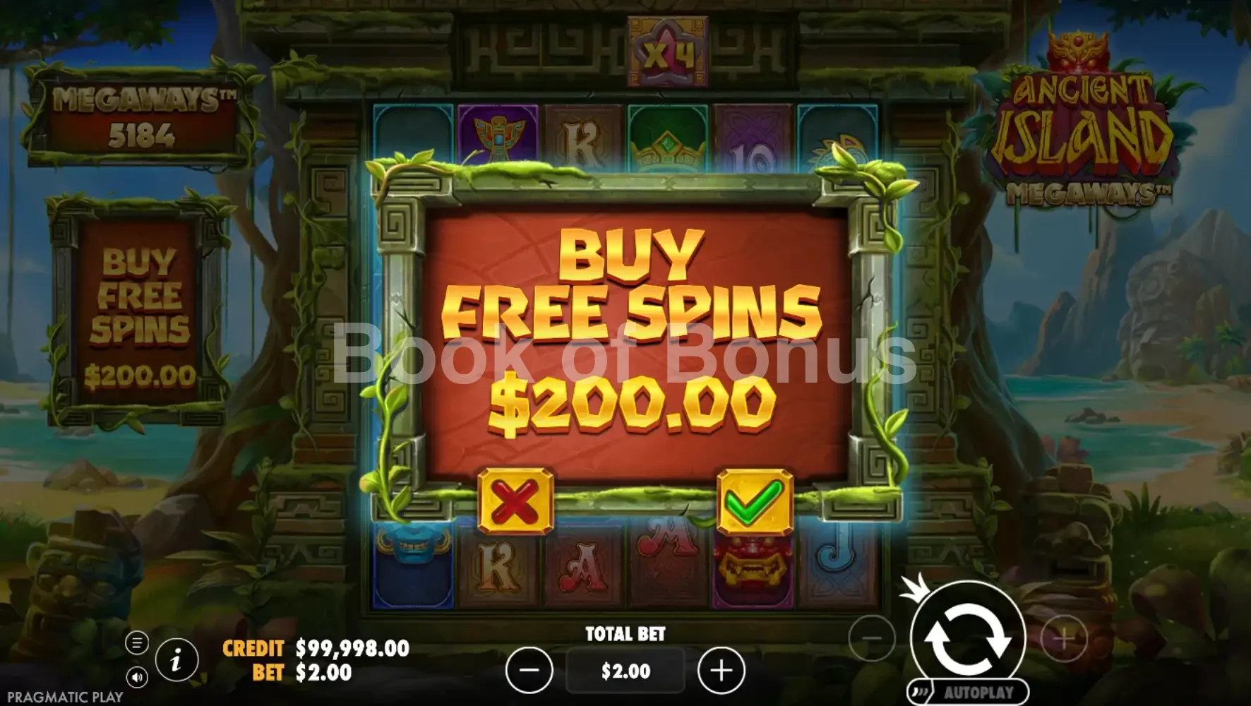 Ancient Island Megaways par Pragmatic Play - menu d'achat de bonus et options