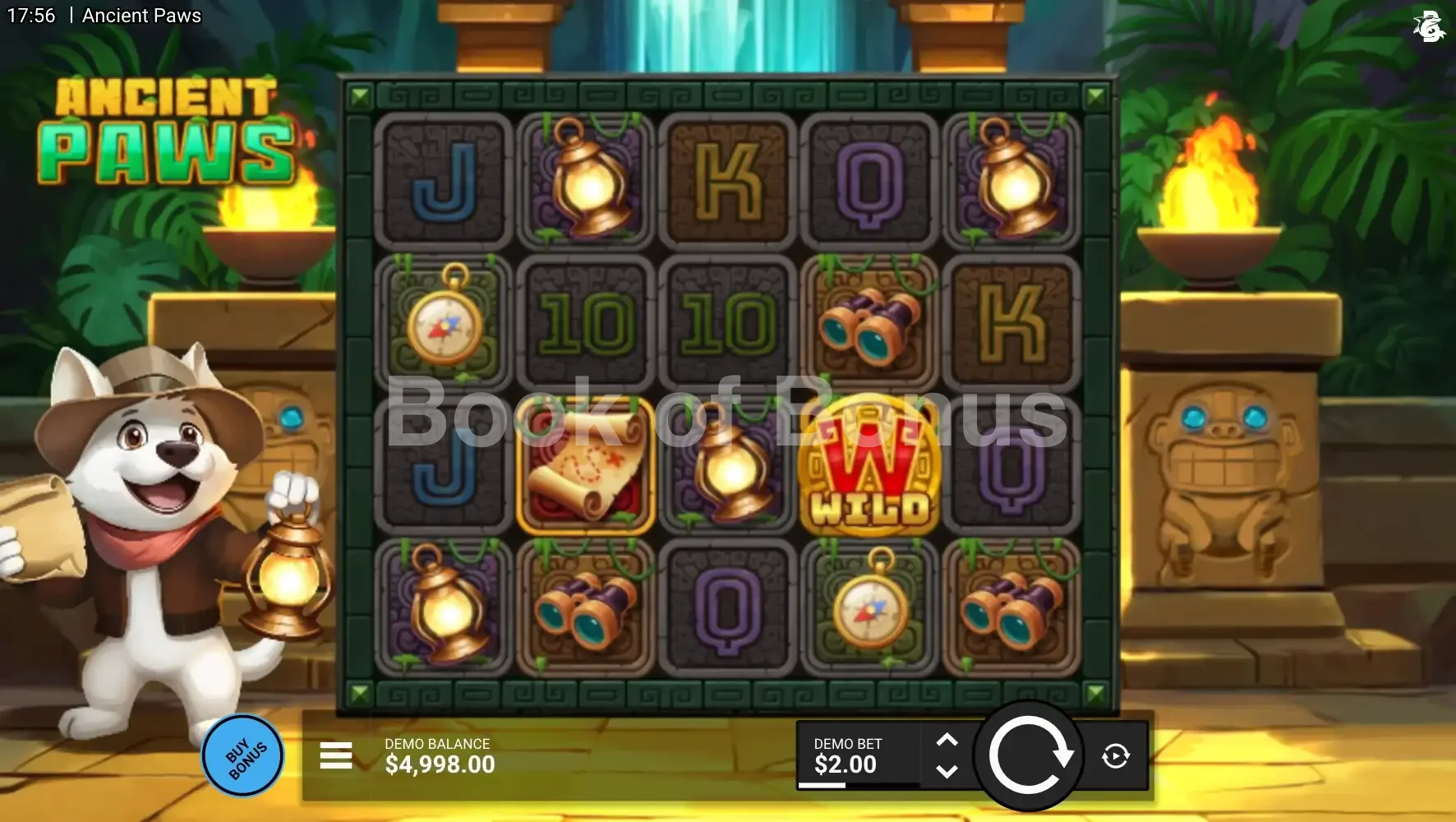 Ancient Paws par Hacksaw Gaming - jeu de base et disposition des rouleaux