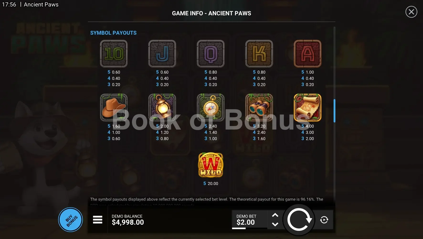 Ancient Paws par Hacksaw Gaming - table des gains et valeurs des symboles