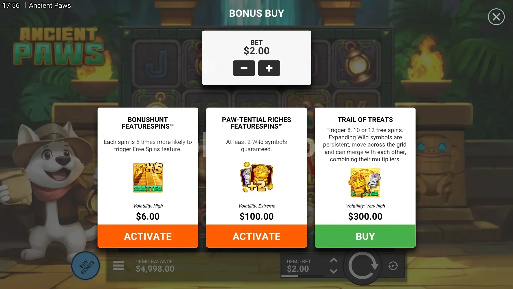 Ancient Paws par Hacksaw Gaming - menu d'achat de bonus et options