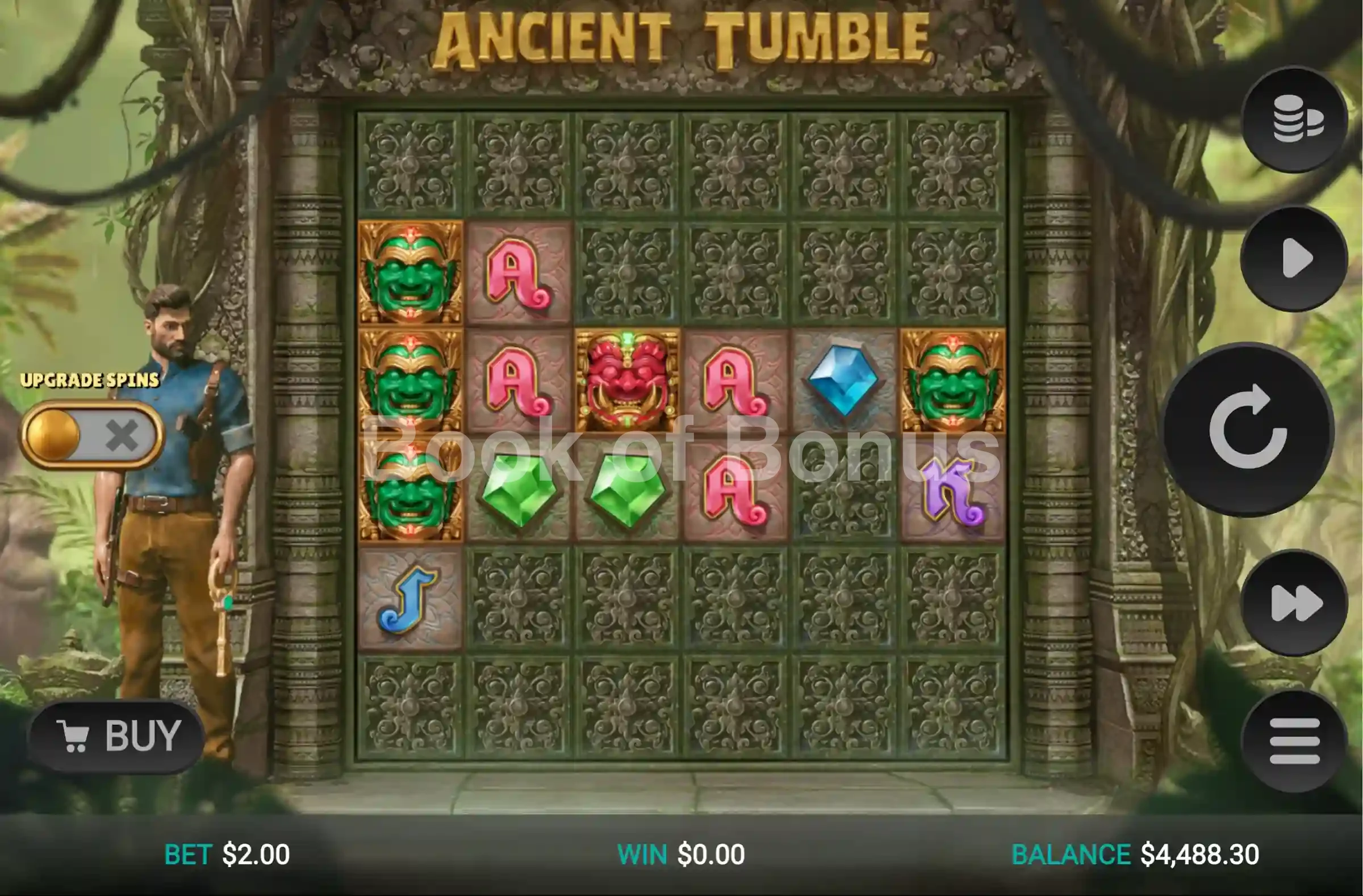 Ancient Tumble par Relax Gaming - jeu de base et disposition des rouleaux