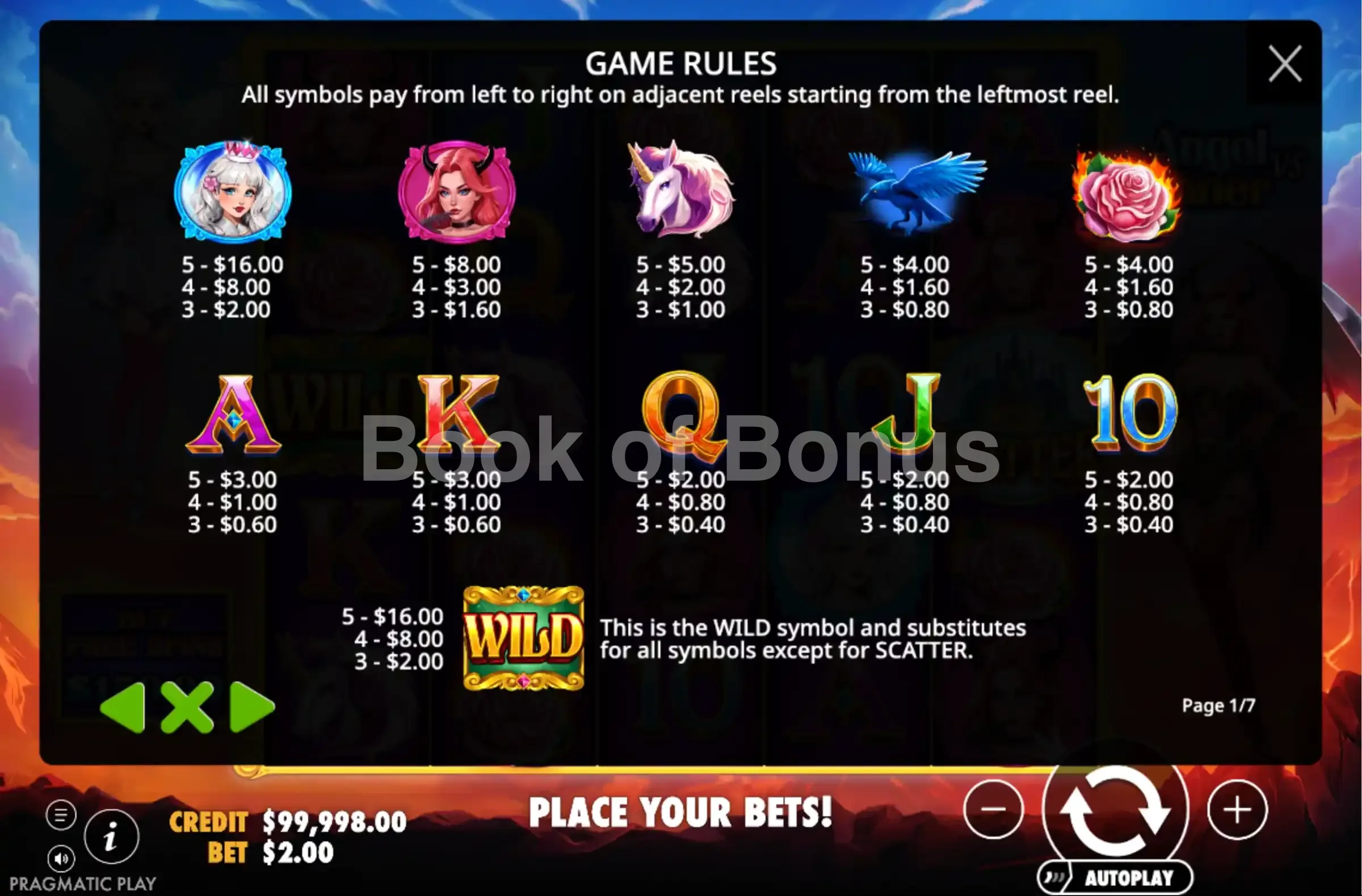 Angel vs Sinner par Pragmatic Play - table des gains et valeurs des symboles