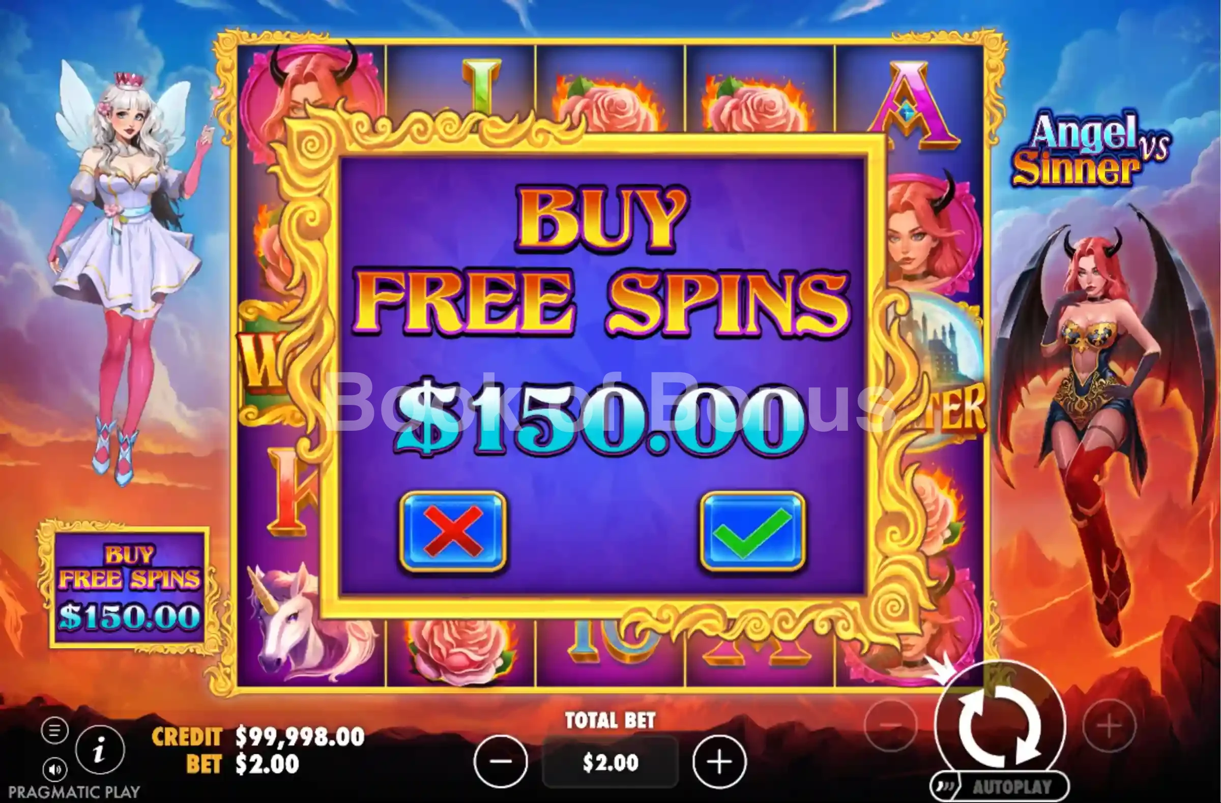Angel vs Sinner par Pragmatic Play - menu d'achat de bonus et options