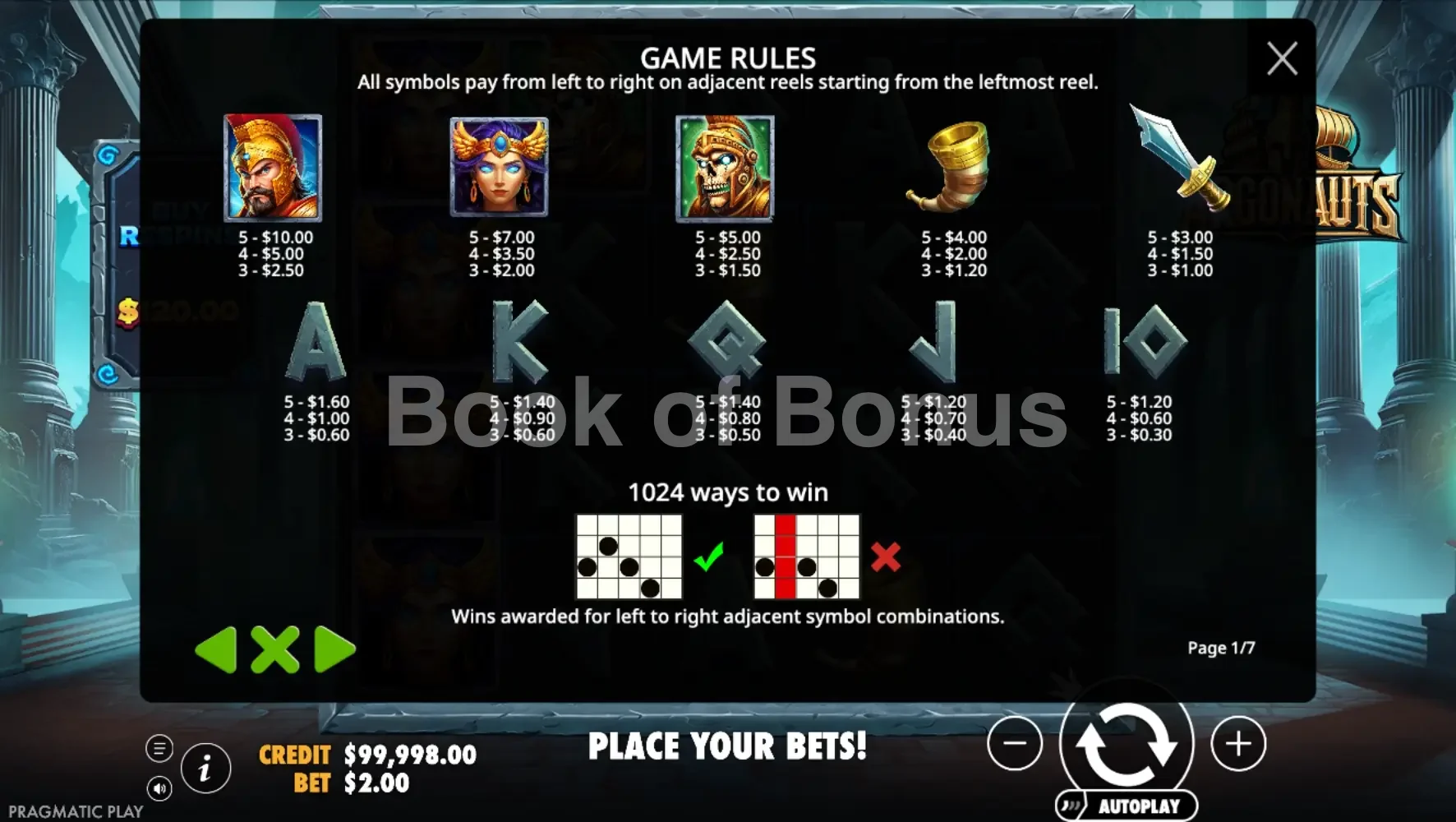 Argonauts par Pragmatic Play - table des gains et valeurs des symboles