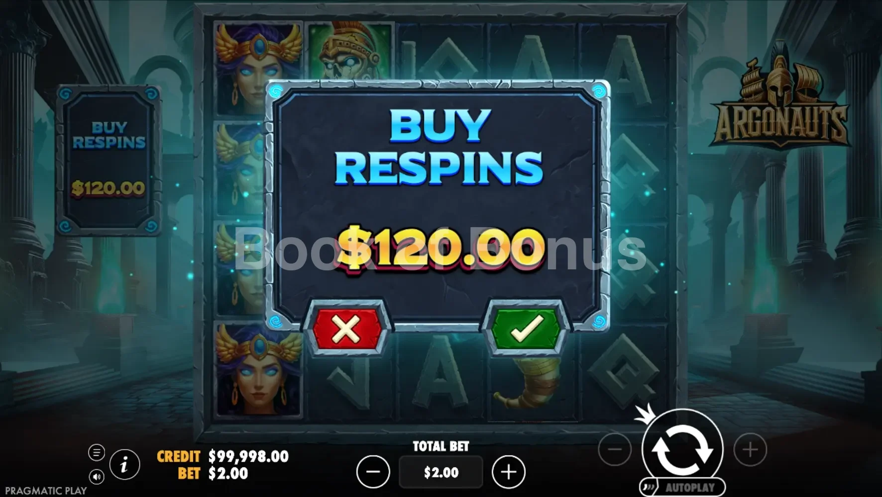 Argonauts par Pragmatic Play - menu d'achat de bonus et options