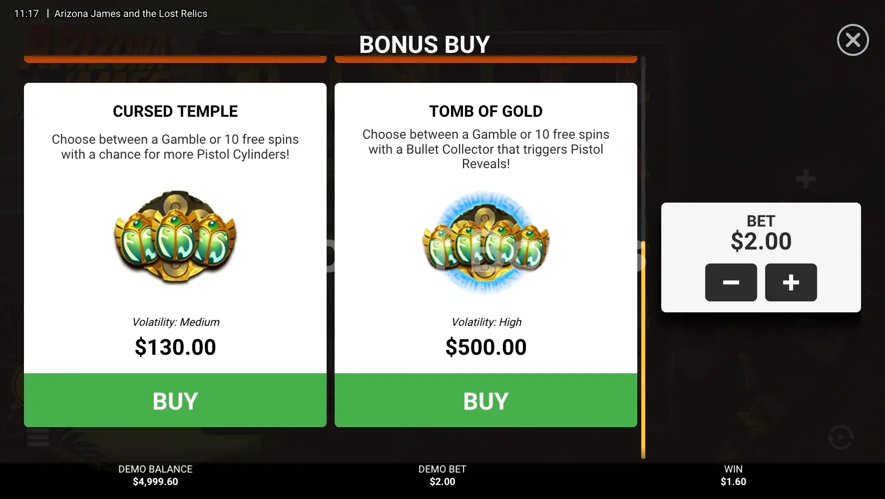 Arizona James and the Lost Relics par Hacksaw Gaming - menu d'achat de bonus et options