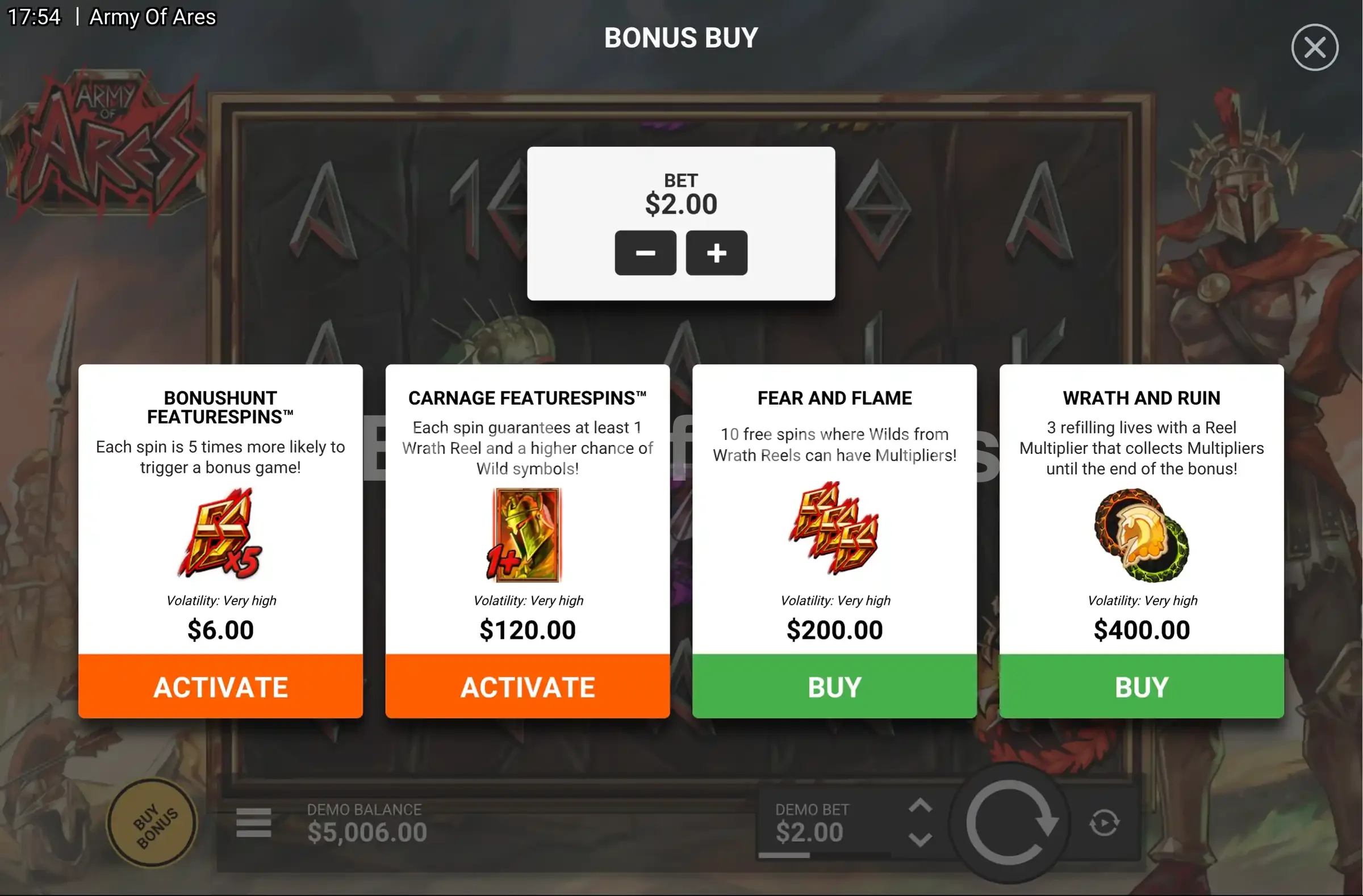 Army of Ares par Hacksaw Gaming - menu d'achat de bonus et options