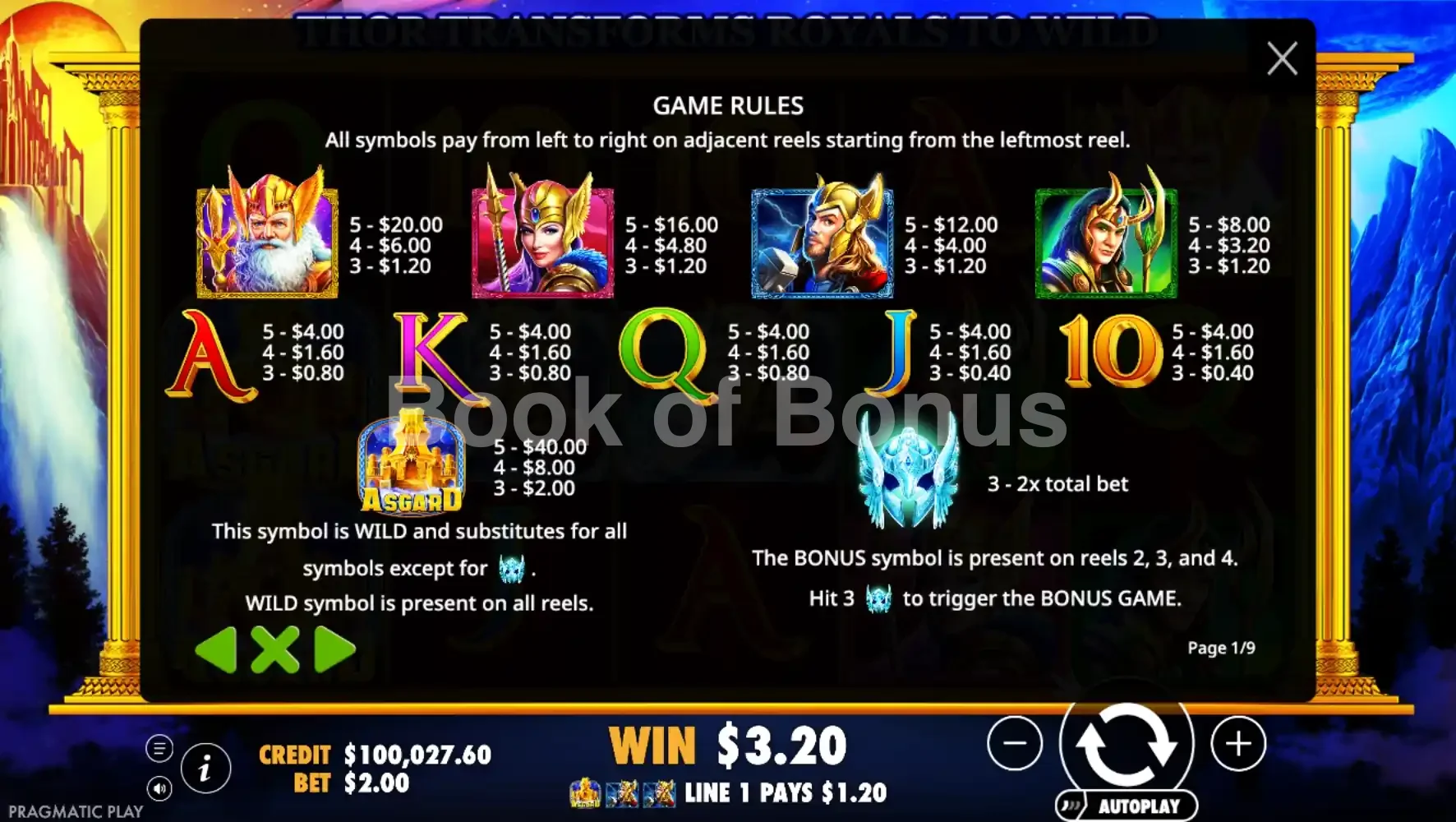 Asgard par Pragmatic Play - table des gains et valeurs des symboles
