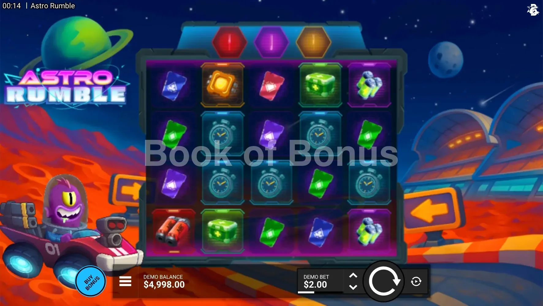 Astro Rumble par Hacksaw Gaming - jeu de base et disposition des rouleaux