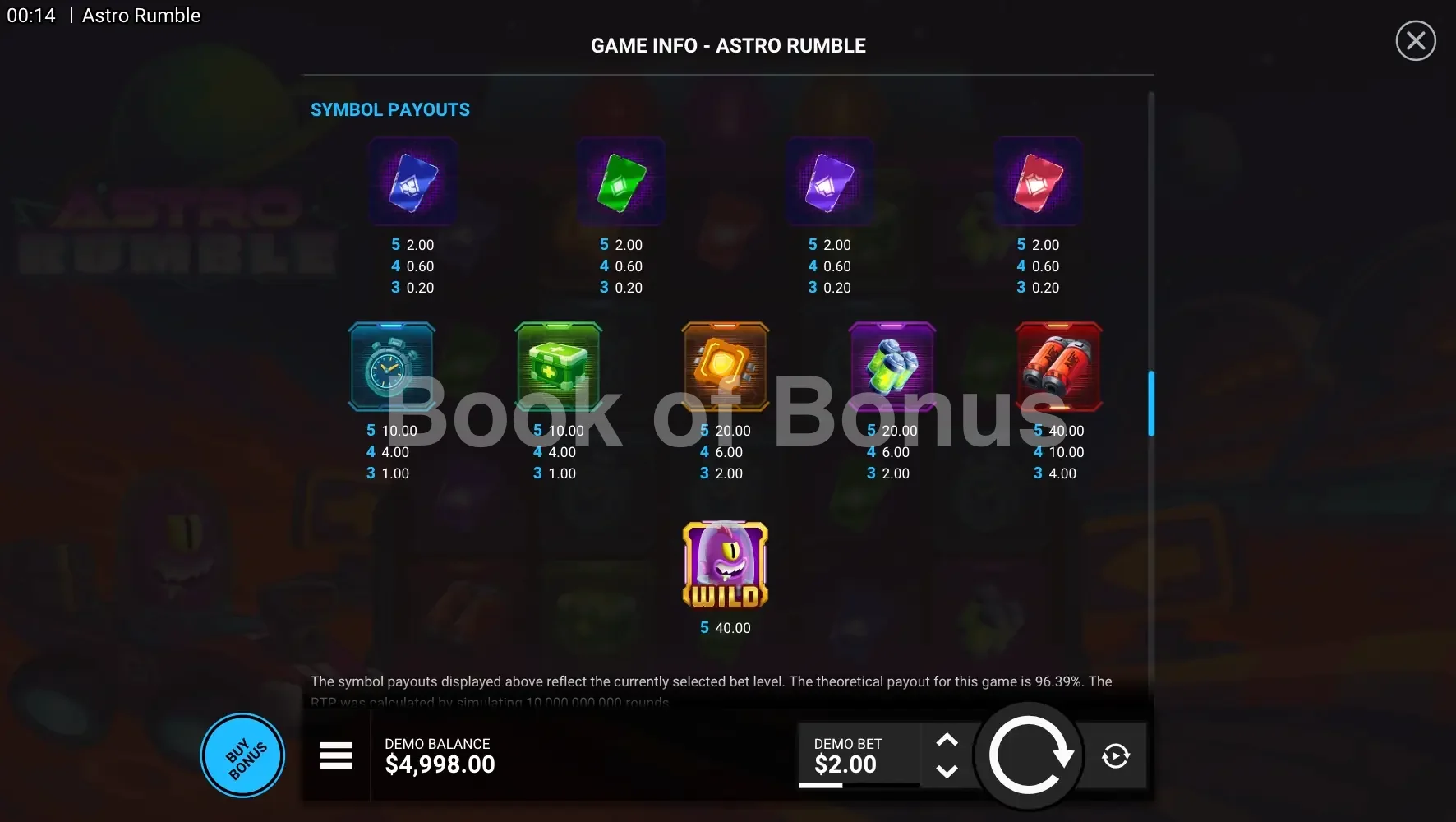 Astro Rumble par Hacksaw Gaming - table des gains et valeurs des symboles