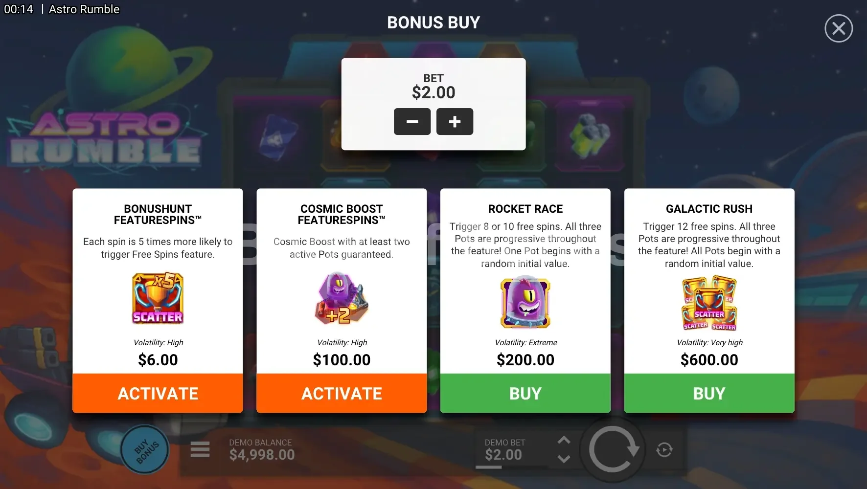 Astro Rumble par Hacksaw Gaming - menu d'achat de bonus et options